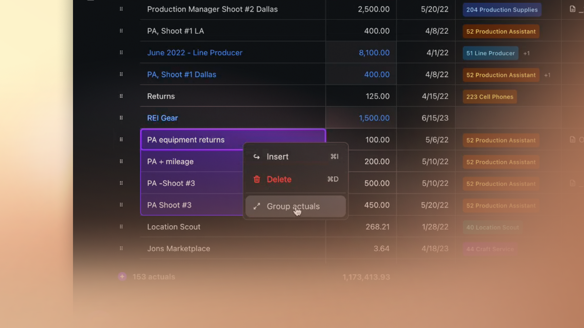 Saturation Group Actuals Feature