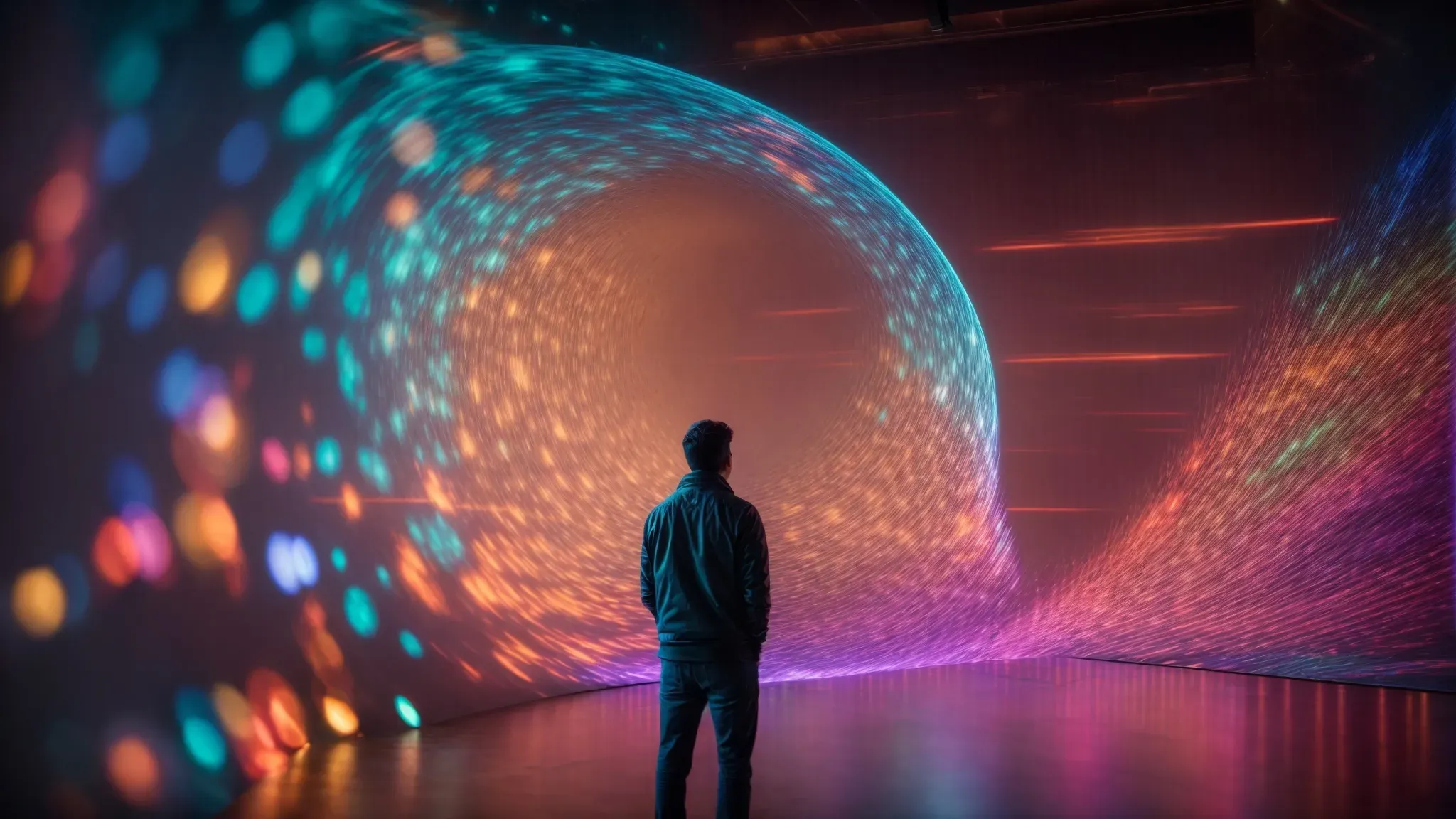 a researcher gazes at a complex 3d holographic projection displaying a dynamic and colorful light field.