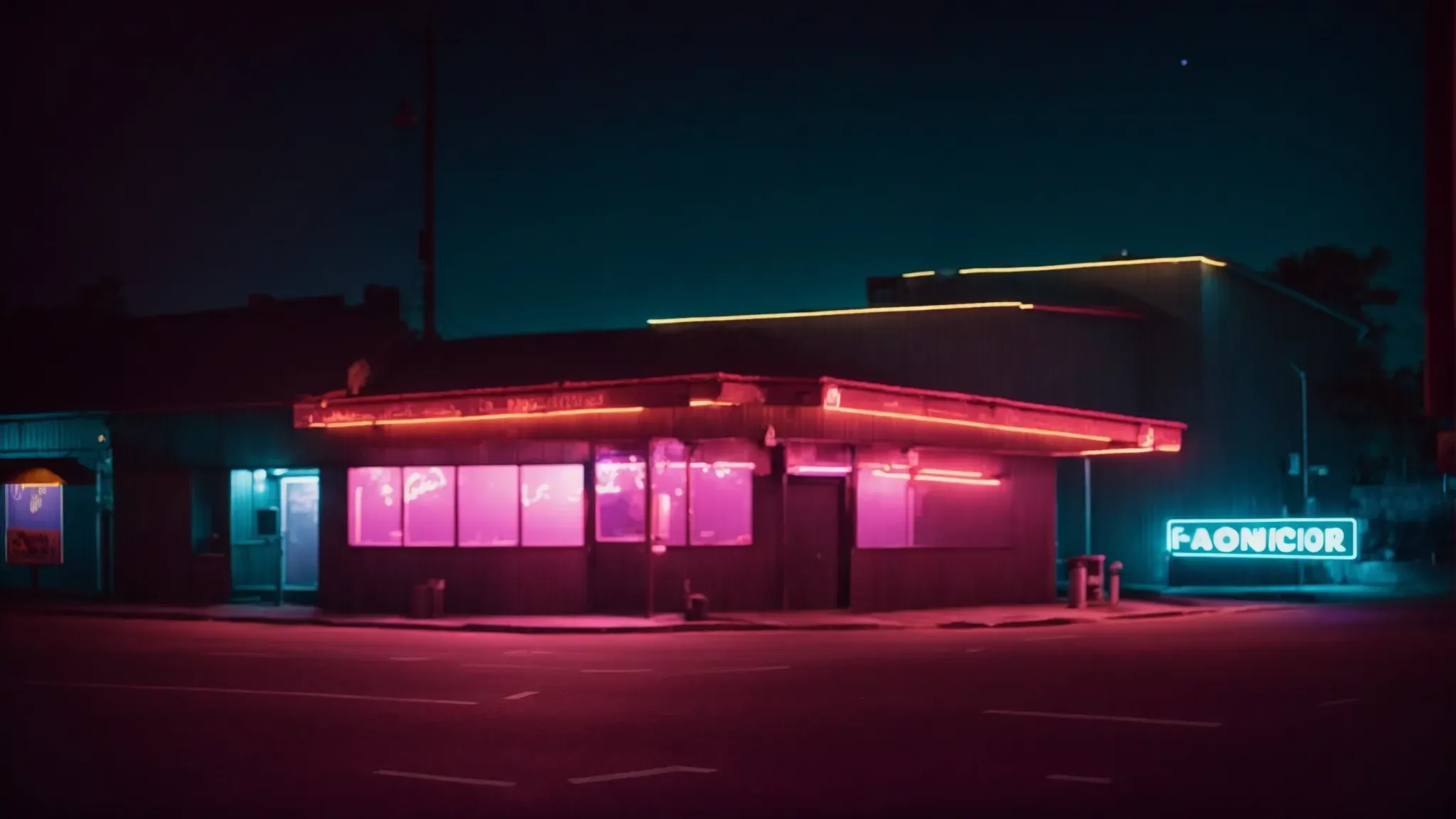 a neon-lit strip club in the night under a haunting moon, surrounded by mysterious shadows.