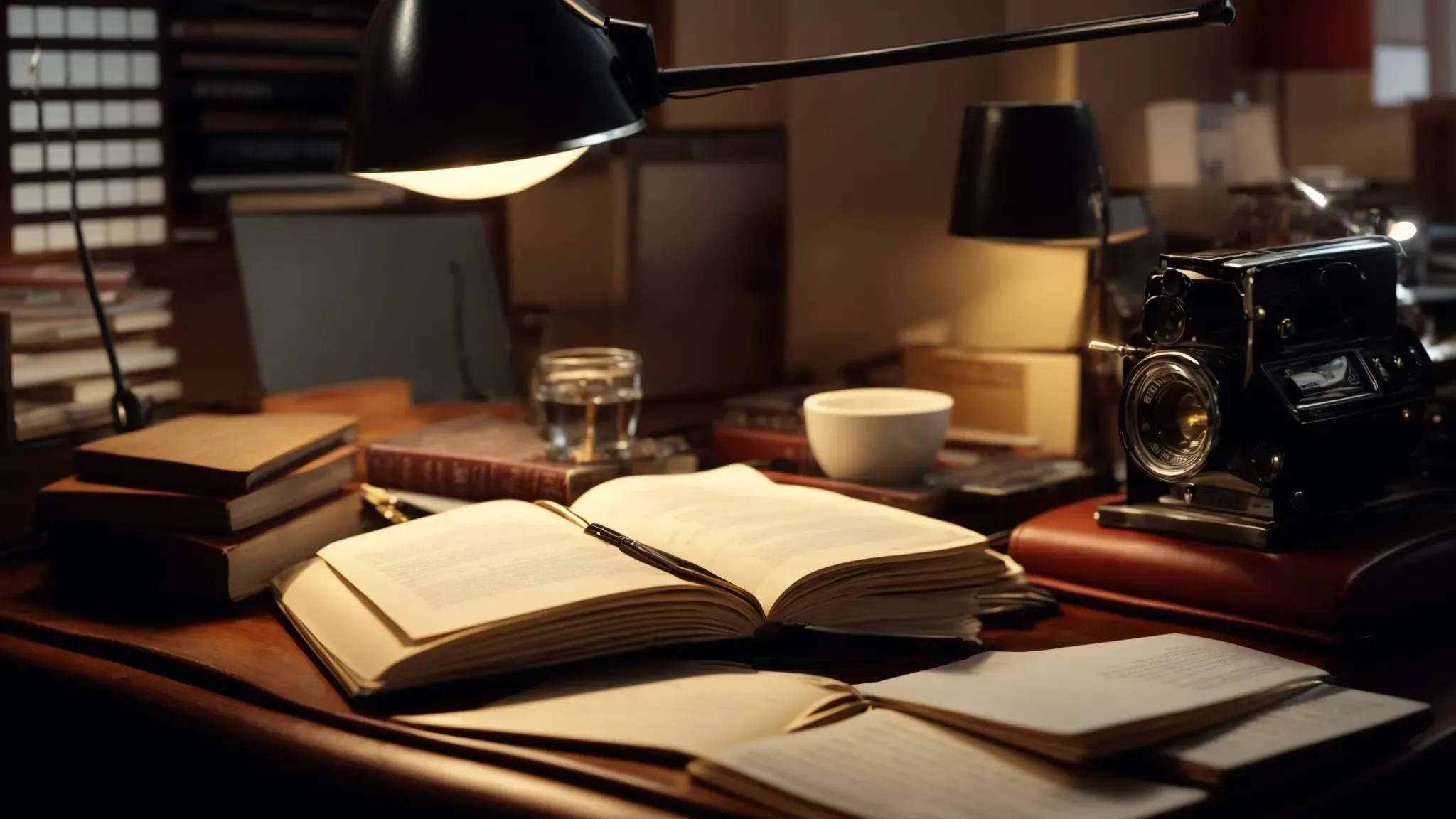 a cluttered desk illuminated by a lamp, scattered with scripts, books on scriptwriting, and a laptop playing a classic film scene.