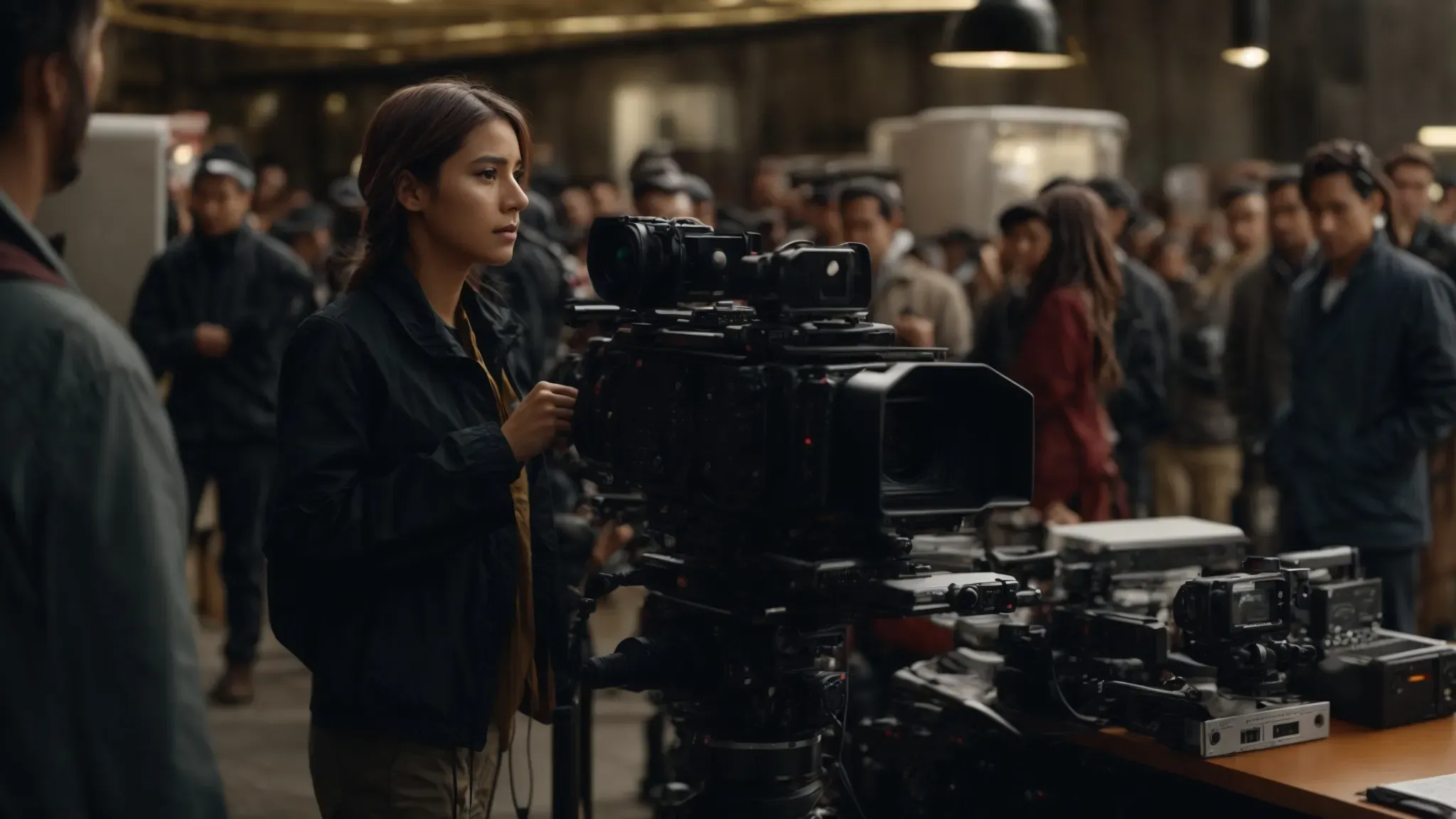 an assistant director stands in the midst of a bustling film set, orchestrating the crew and equipment with a focused gaze.