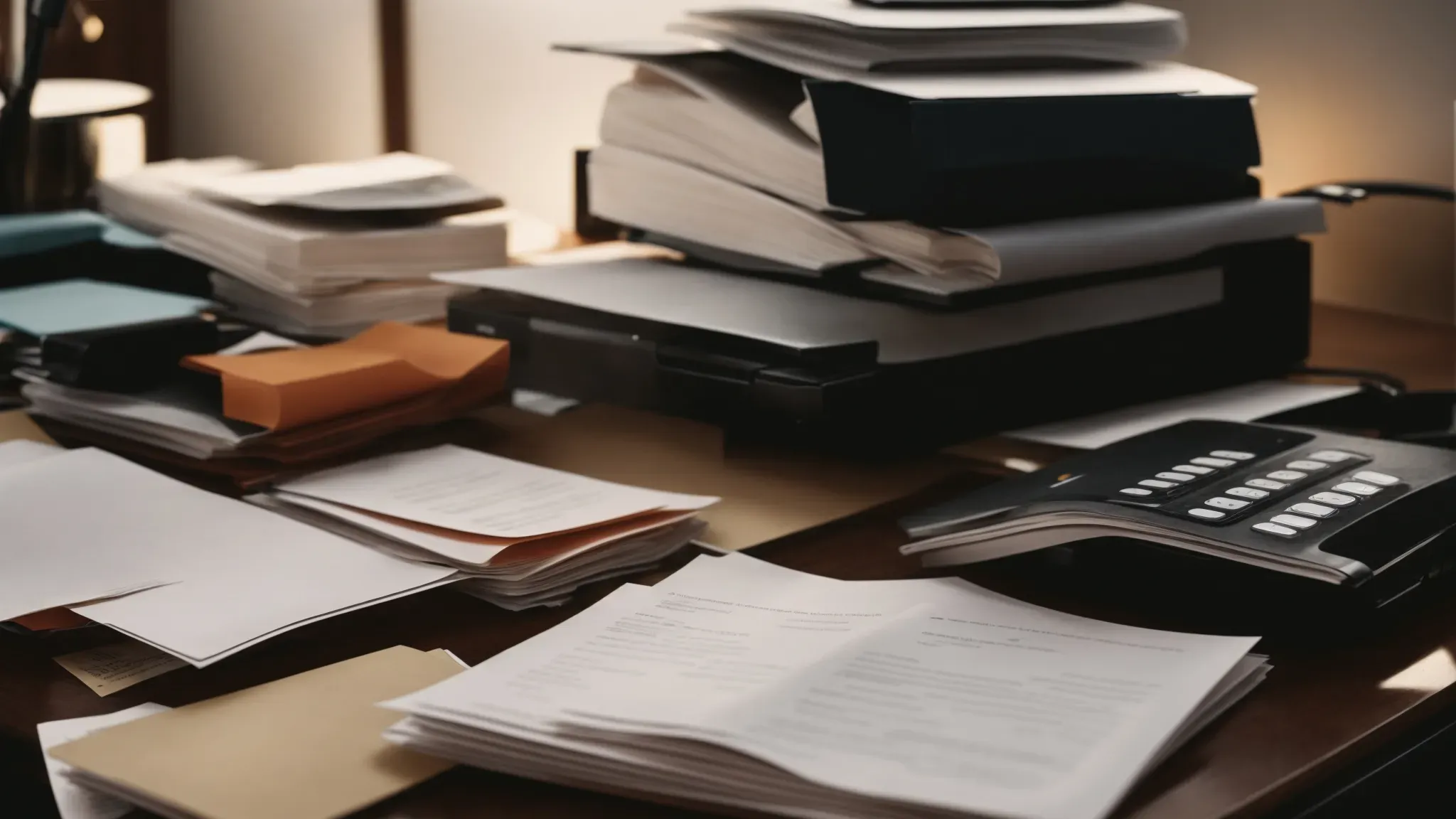 a neatly organized desk with a stack of unmarked paperwork and a computer, ready for a thorough work session.