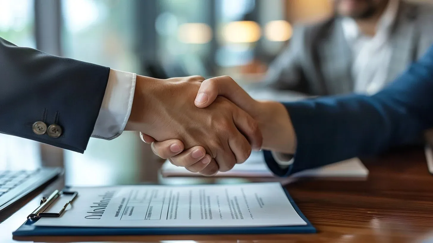 two individuals engage in a firm handshake at a meeting table, signaling a secure and confidential agreement.