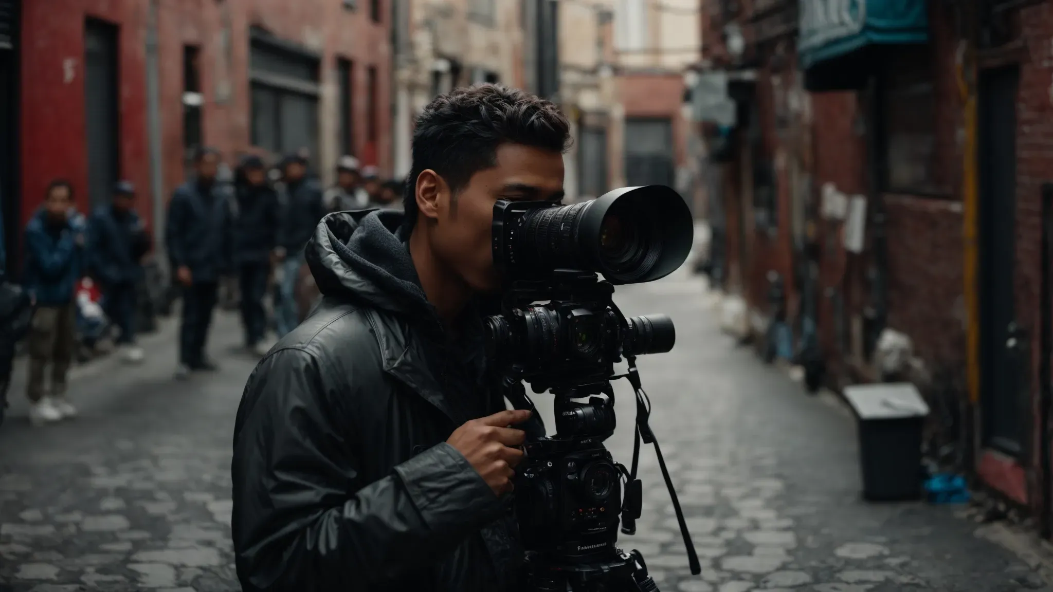 a camera crew films a singer performing in a visually striking, yet cost-effective urban alleyway.