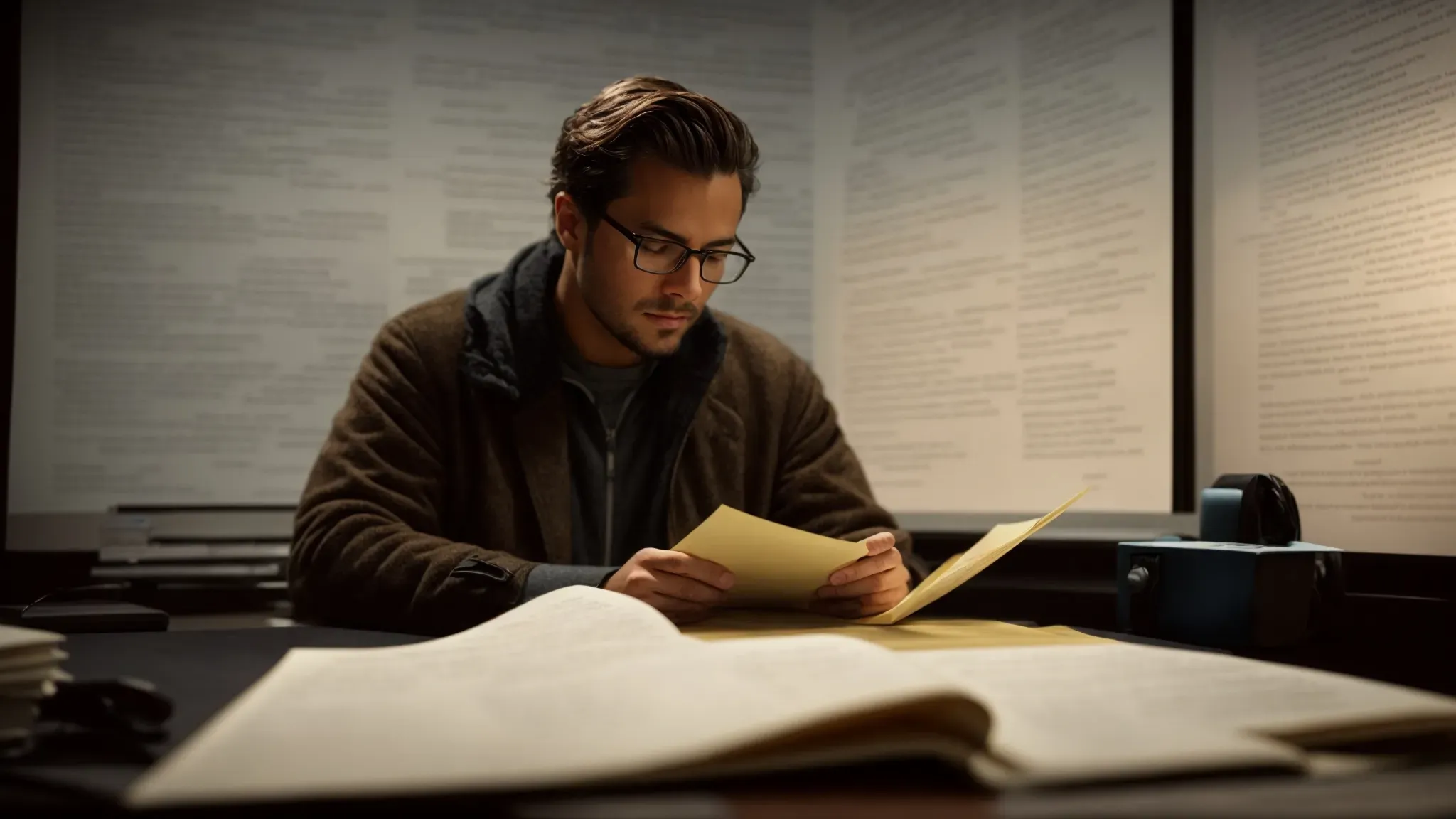 a writer intently reviews a script in a well-lit studio, surrounded by scripts and a laptop displaying a scriptwriting software.