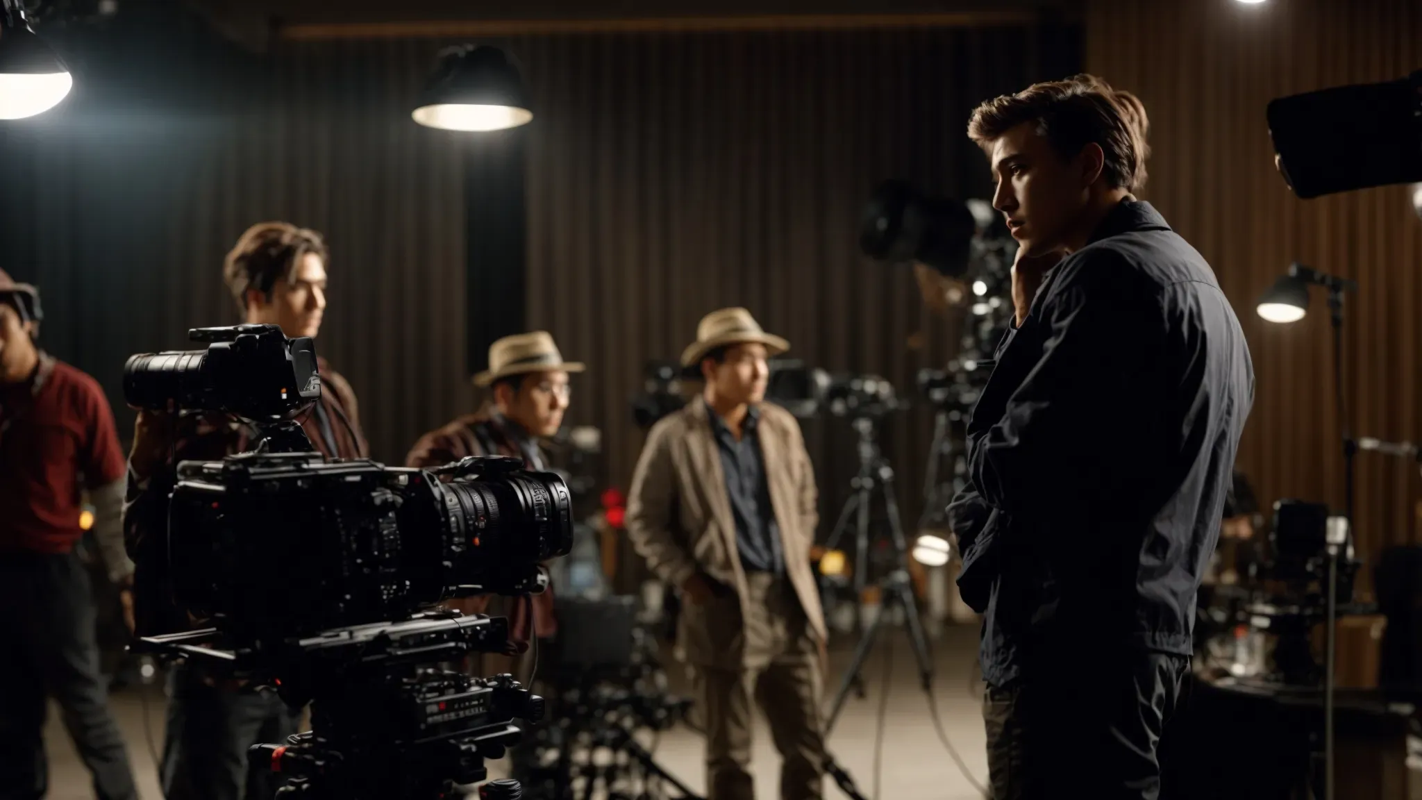 a director watches intently as actors perform in front of a camera, with crew members adjusting lighting equipment in the background.