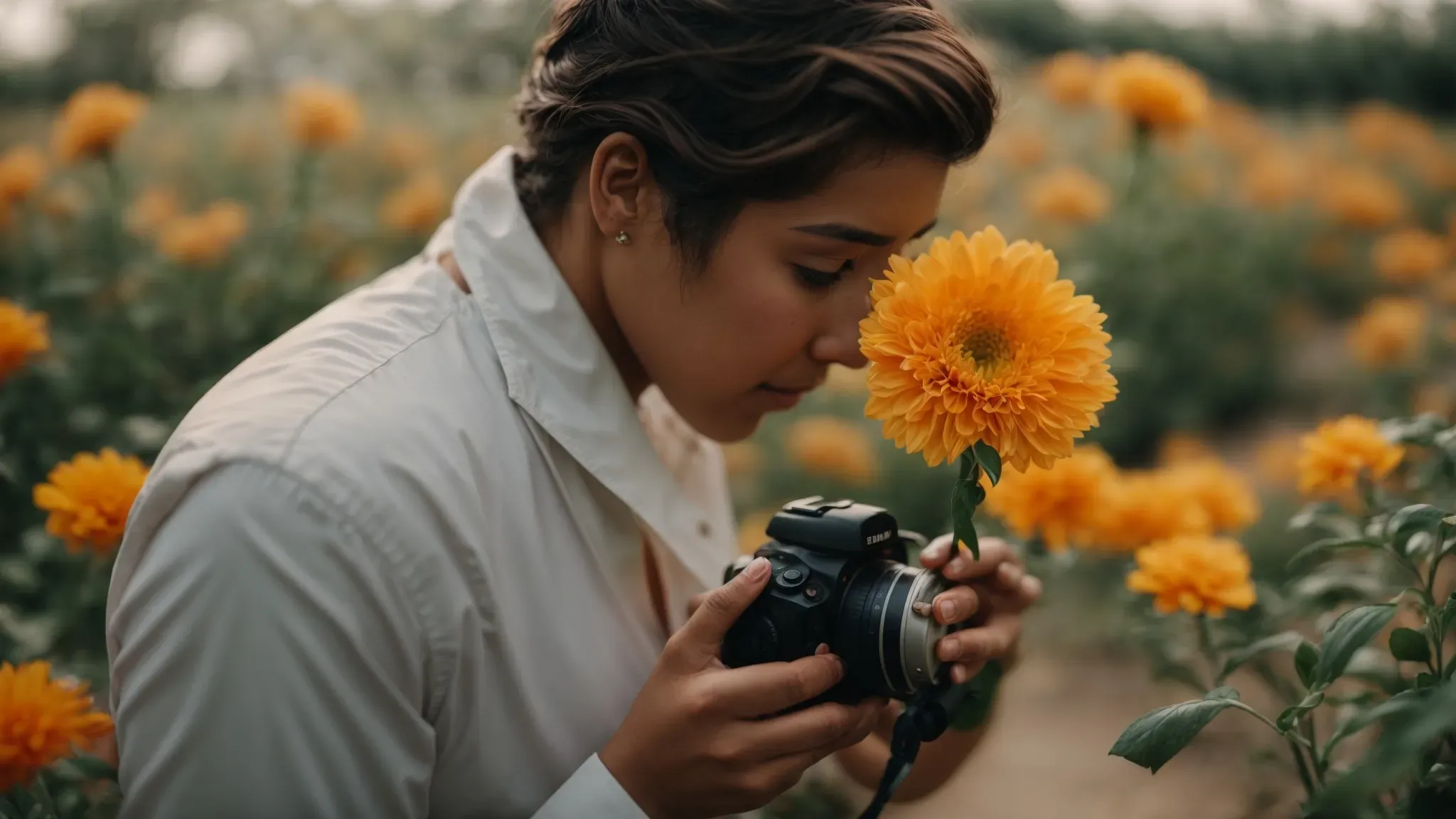 a photographer adjusts a camera lens to capture a flower in sharp focus against a beautifully blurred background.