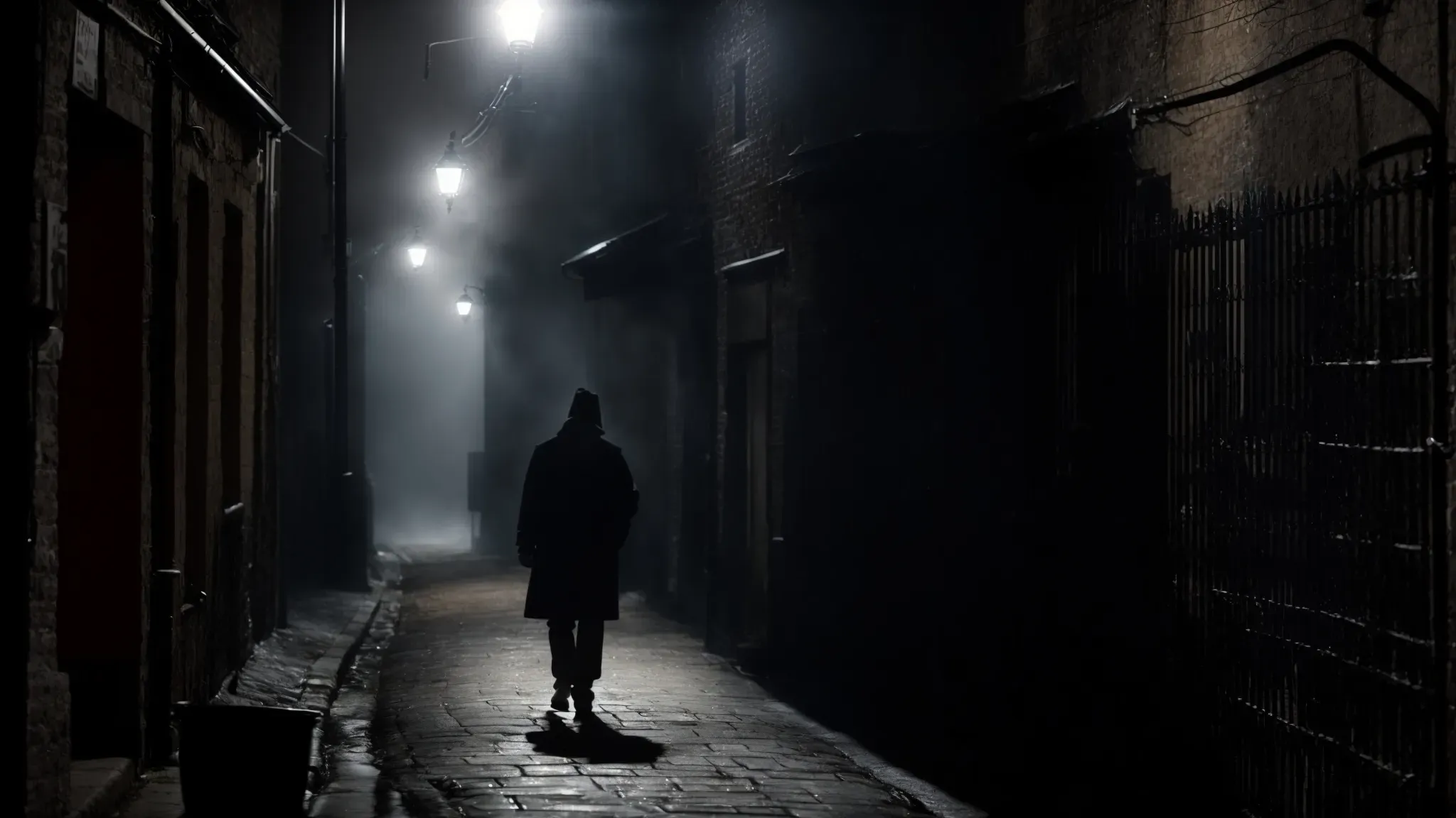 a foggy alleyway bathed in the sharp contrast of streetlight and shadow, with a trench-coated figure silhouetted against the murky backdrop.