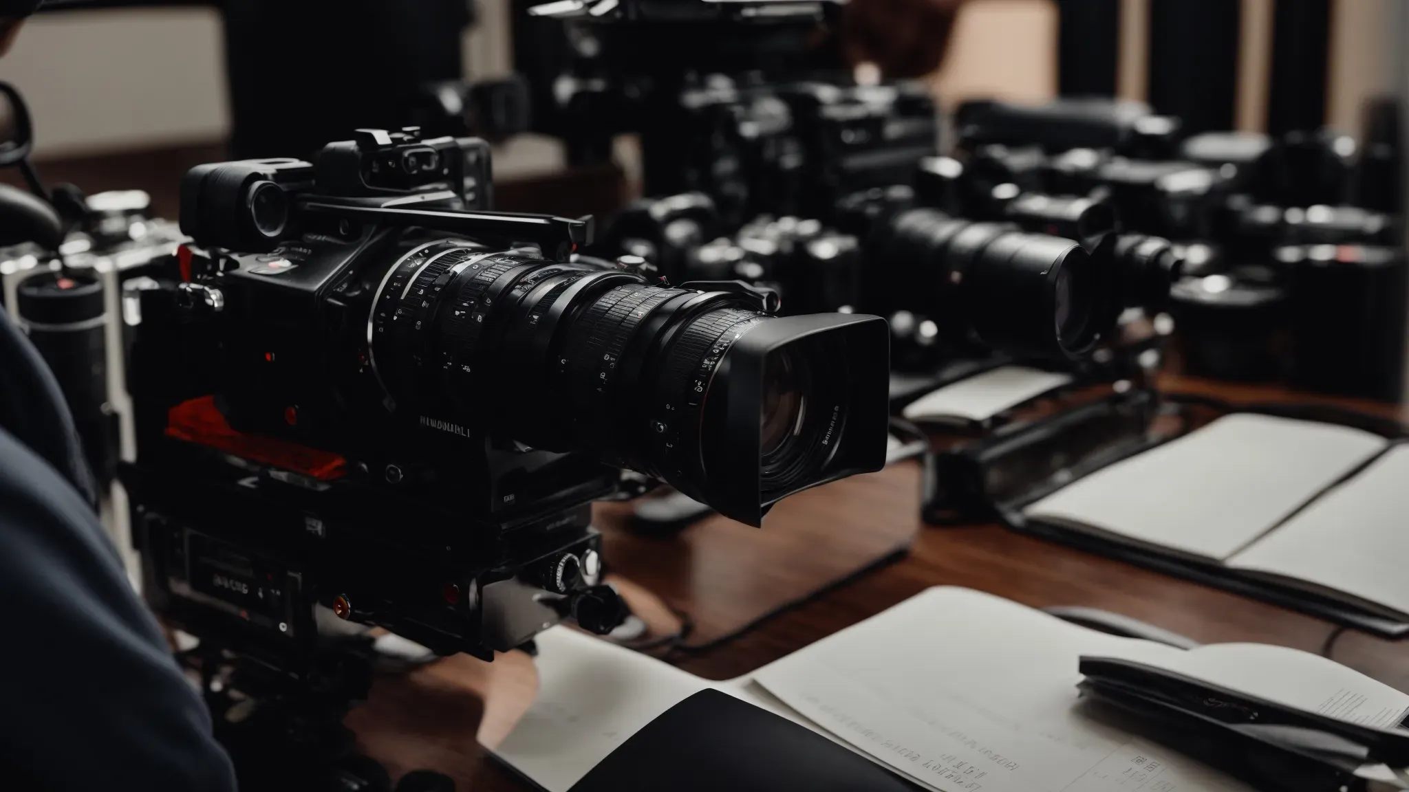 a director peers through the camera viewfinder, with a meticulously organized shot list and schedule clipboard in the foreground.
