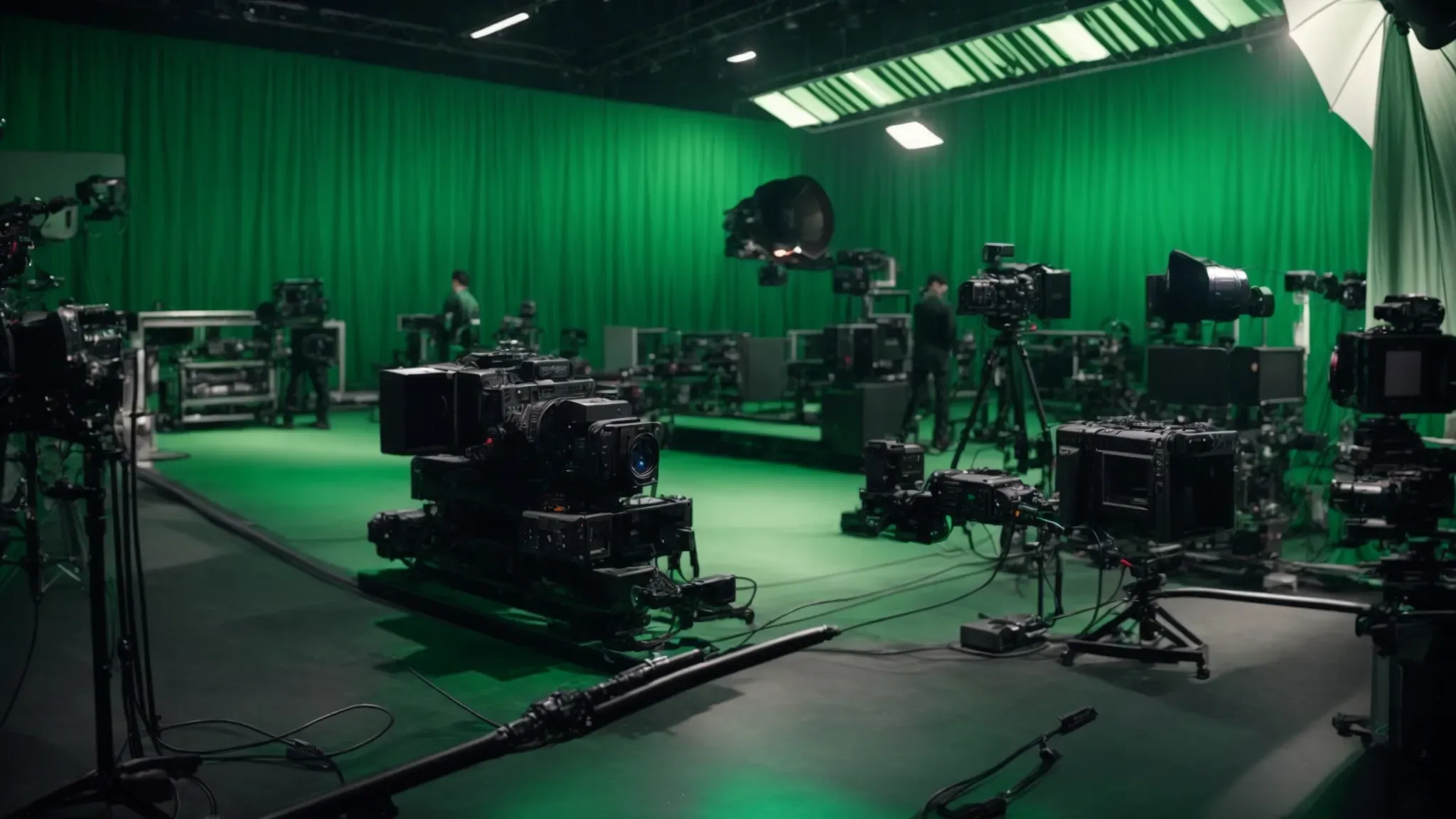 a sprawling movie set dotted with green screens and high-tech equipment, poised for an explosion of digital artistry.