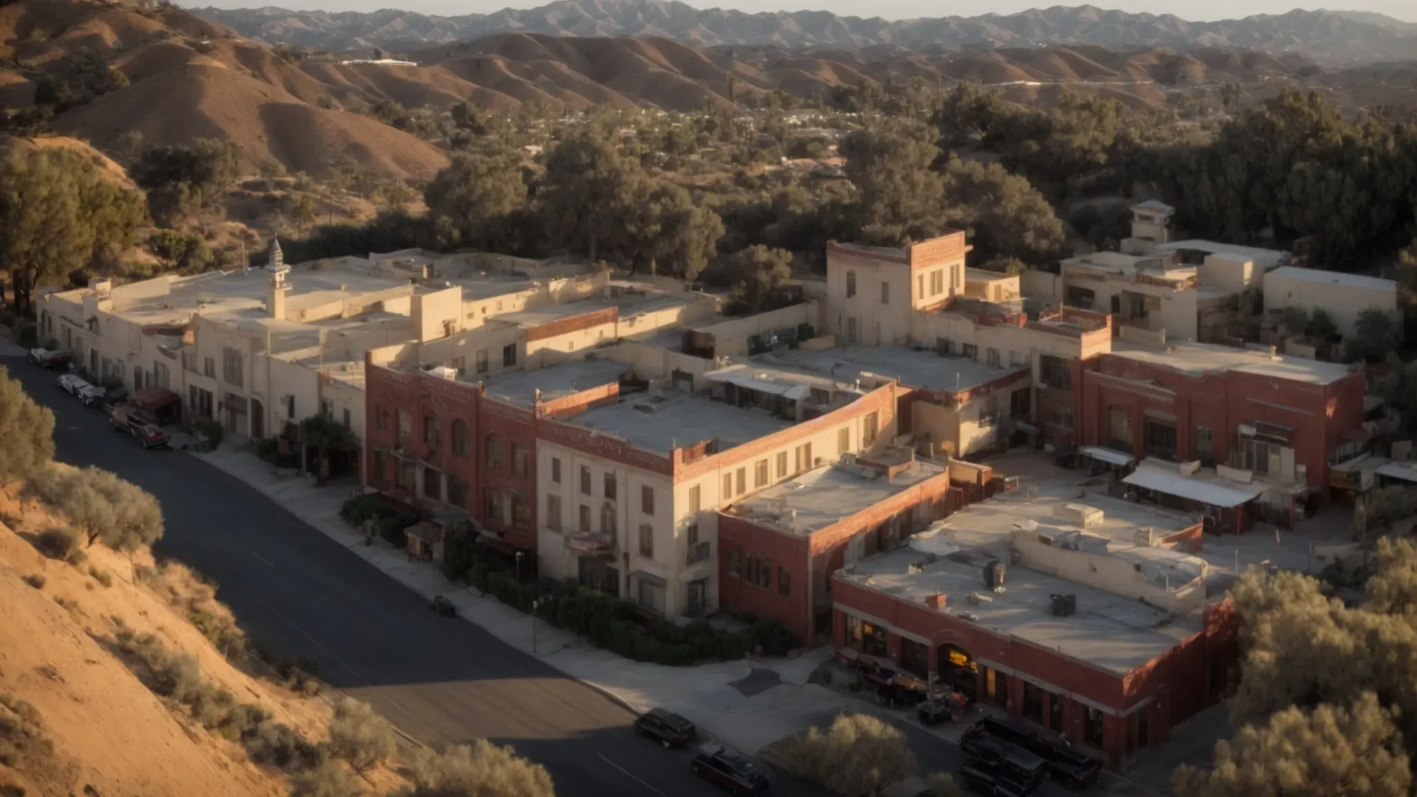 a panoramic view of early 20th-century hollywood with sprawling studios and the glow of film sets under the california sky, capturing the dawn of the studio system era.