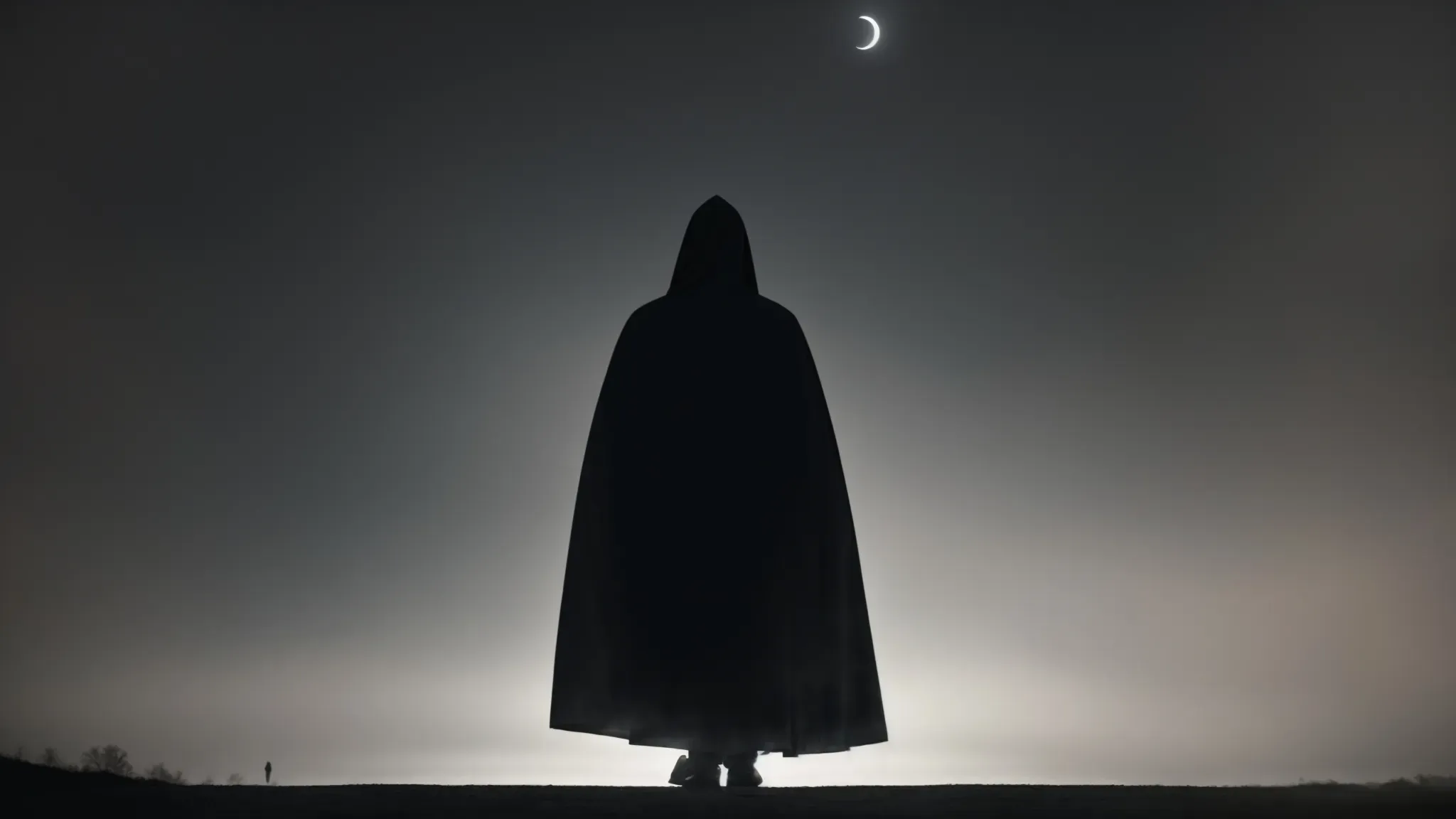 a cloaked figure stands at a fog-shrouded crossroad under a crescent moon, a sinister shadow hinting at an unseen twist in their path.