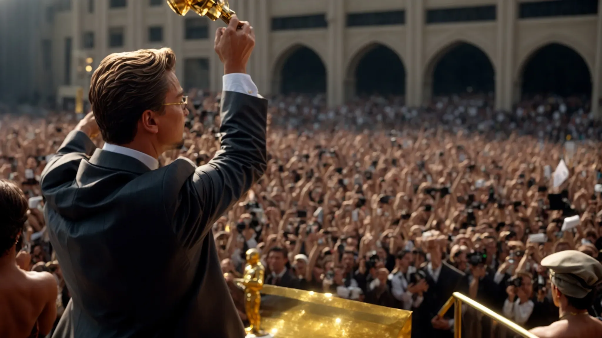 leonardo dicaprio stands on a grand stage, triumphant, a golden oscar statue held aloft as a crowd applauds.