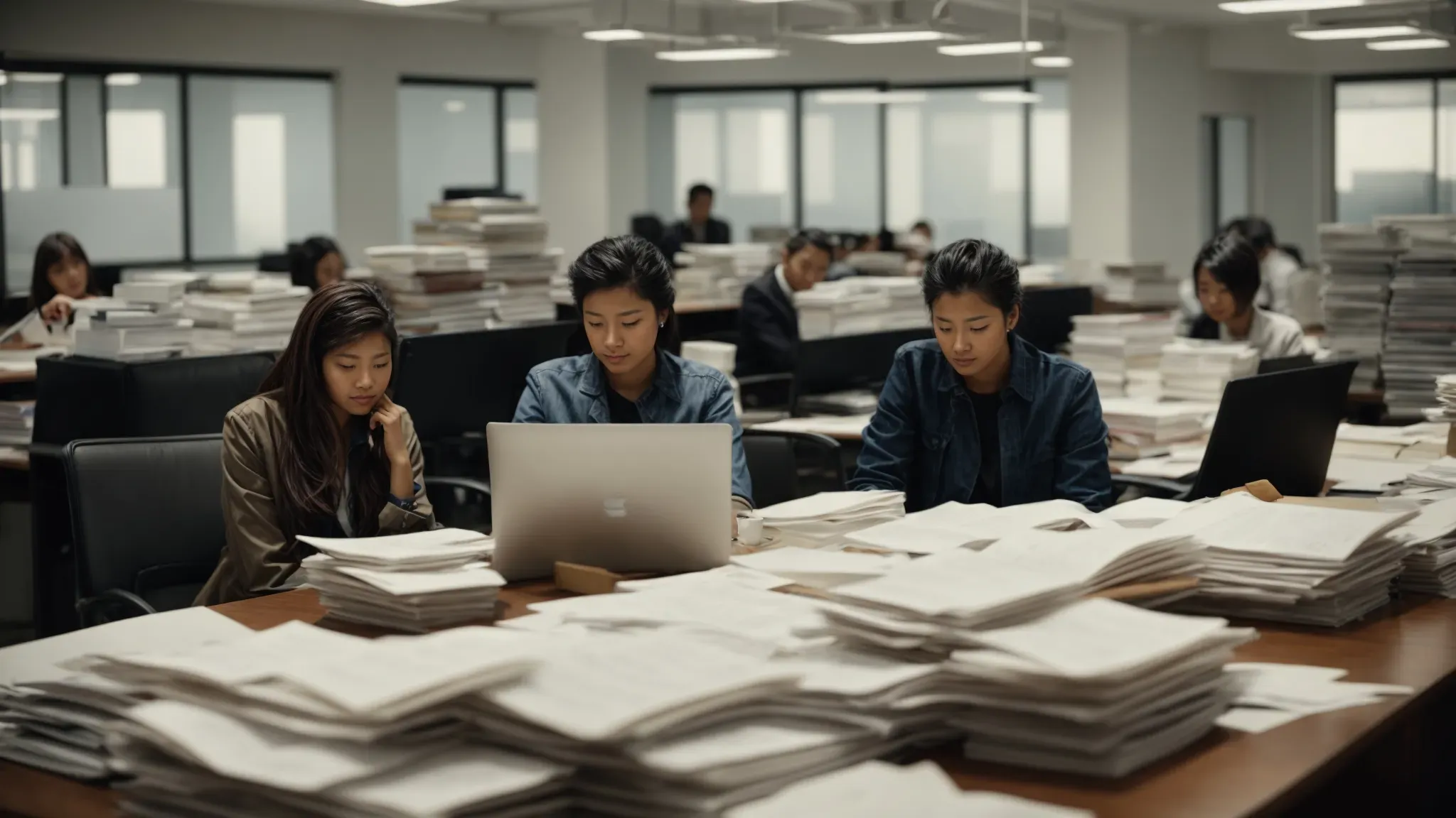 a group of individuals sit around a large table, deeply focused on piles of documents and laptops, in a well-lit production office.