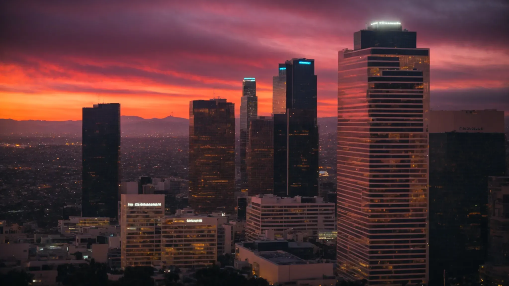 a skyline of los angeles at sunset, silhouetted against a vibrant sky, symbolizing a hub of media innovation and creative storytelling.