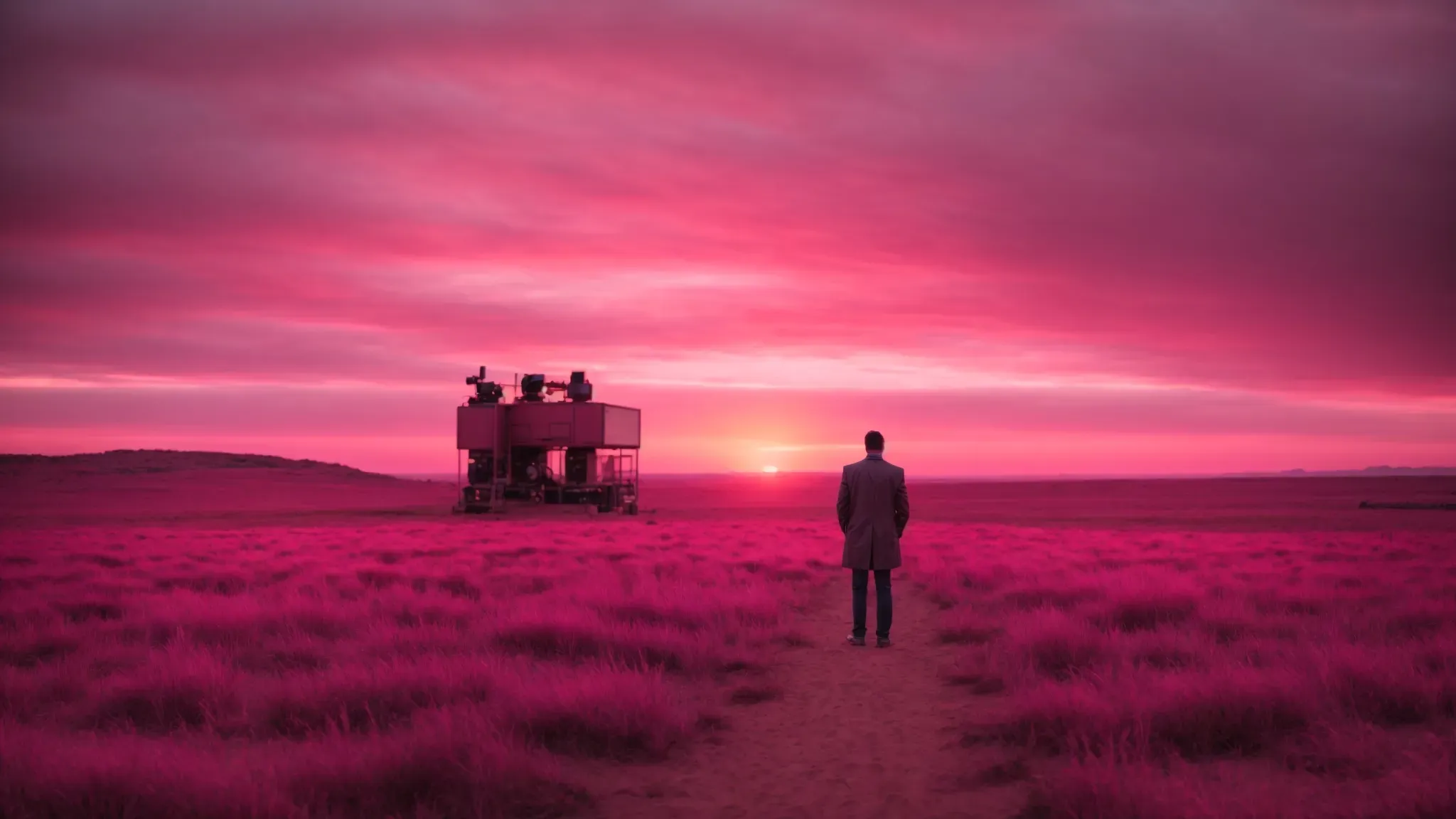 a director stands before a vast, pink sunset, contemplating a path that disappears into a horizon lined with film reels and movie cameras.