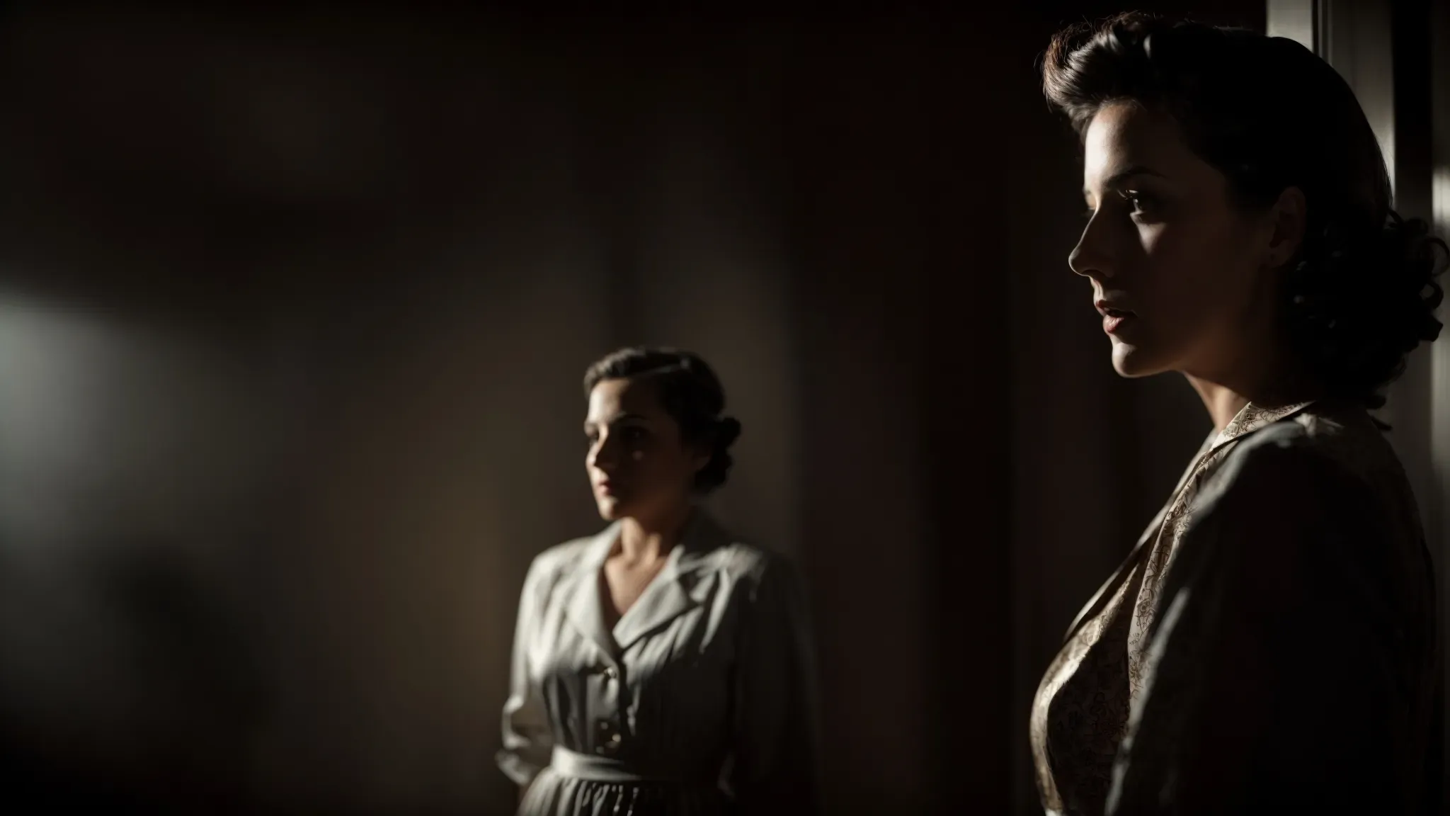 a woman in a 1940s dress stands anxiously in front of a shadowy figure, hinting at a classic hitchcockian suspense scene.