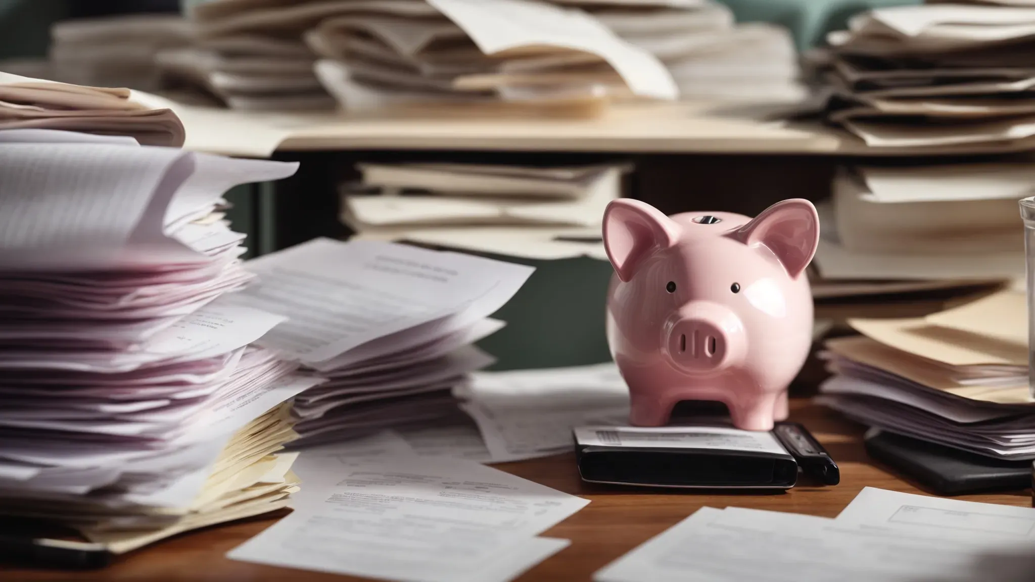 a person sits at a desk surrounded by tax forms, a calculator, and a piggy bank, deeply focused on paperwork.
