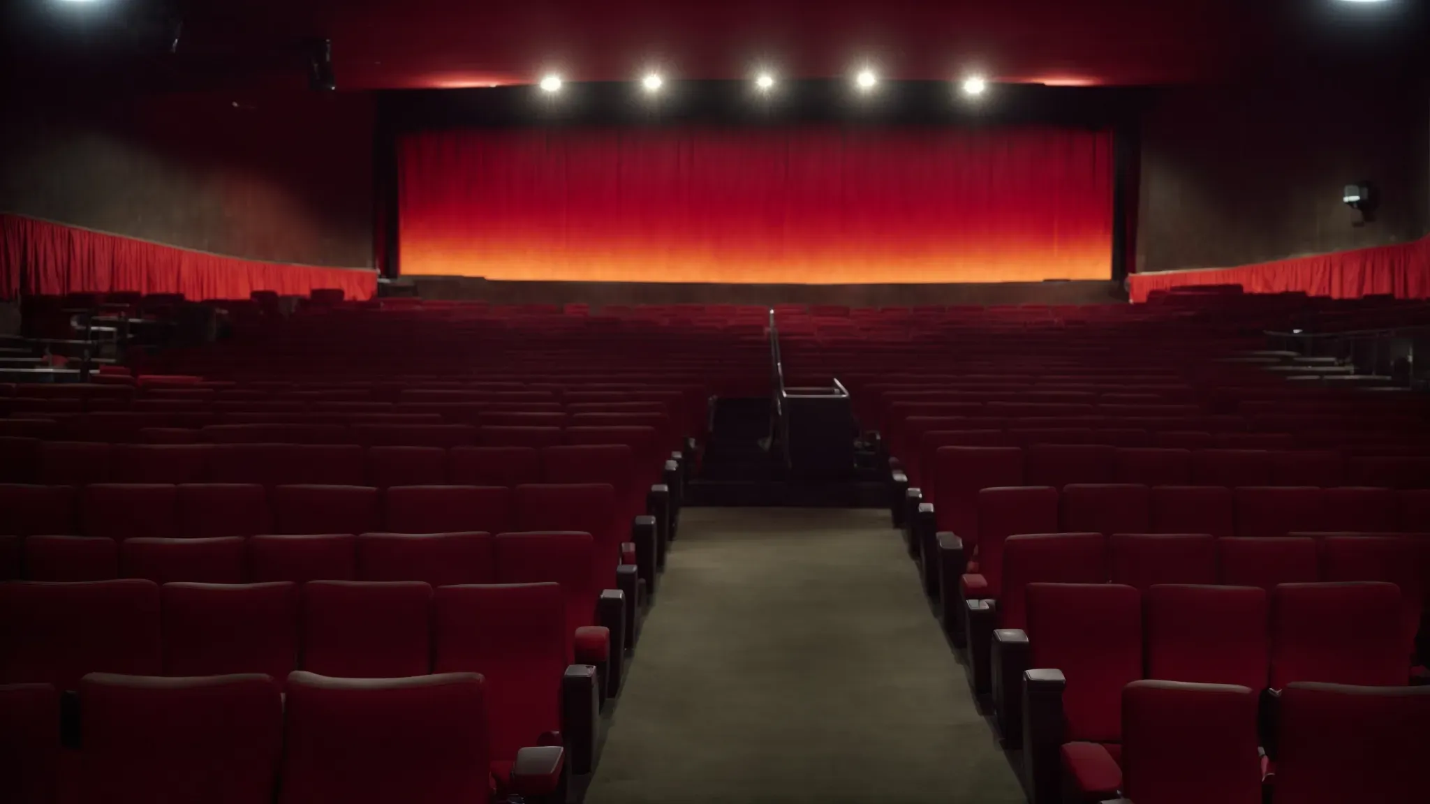 a dimly lit cinema with rows of empty red seats facing a large screen showcasing a classic western sunset scene, mirroring quentin tarantino's admiration for cinematic masterpieces.