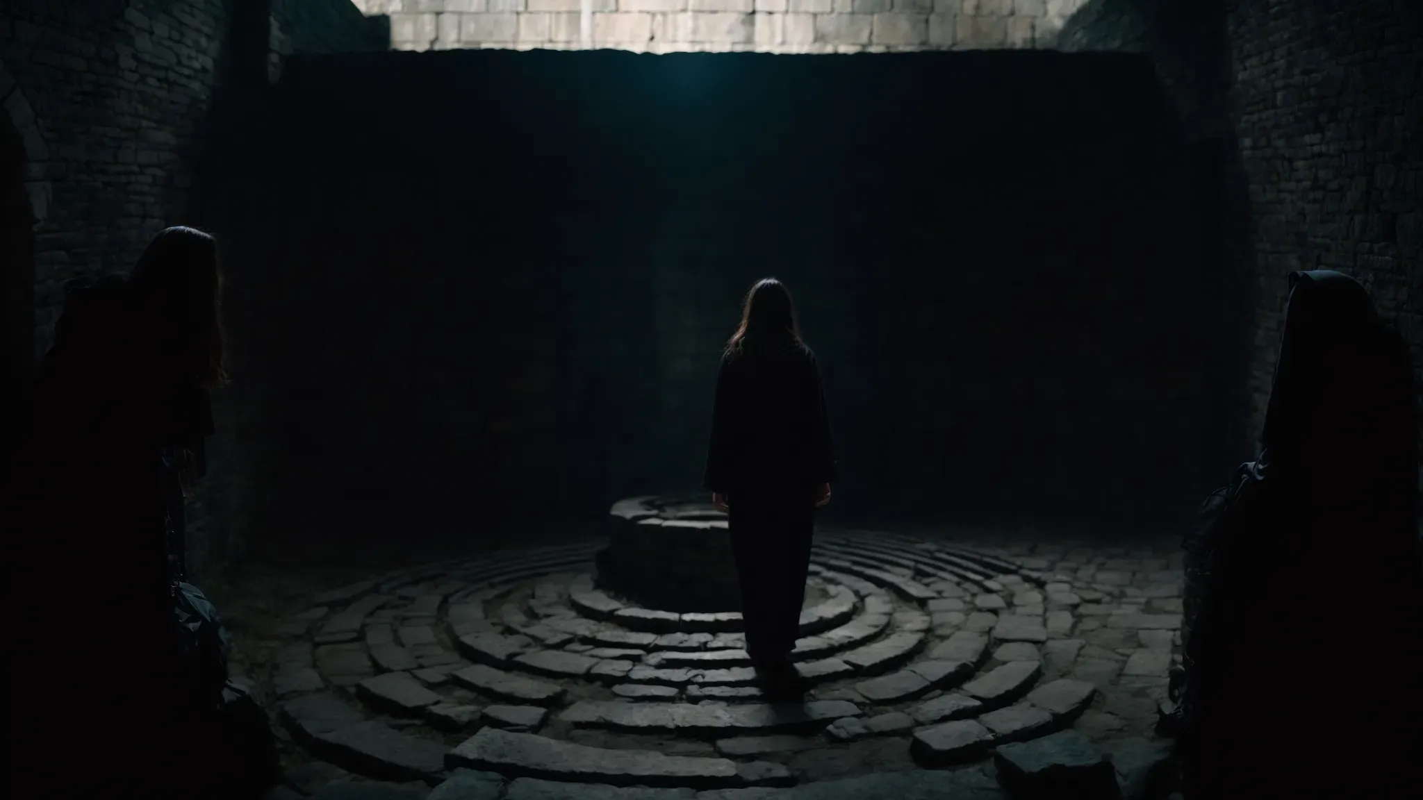 a shadowy figure of a woman standing mysteriously at the entrance of an ancient, dimly lit labyrinth.