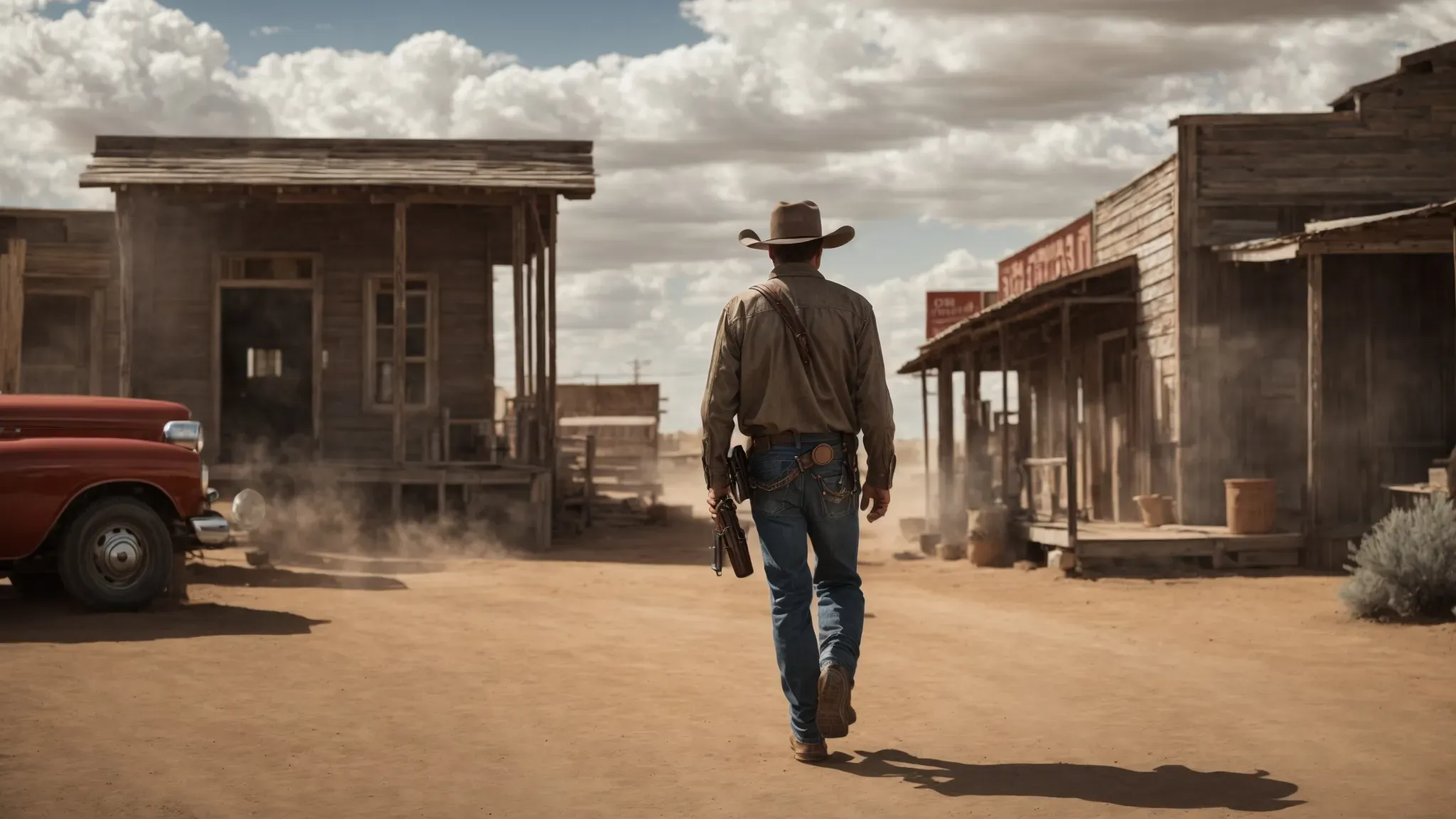 a cowboy strides into a dusty western town, a revolver at his hip, under the expansive, cloud-streaked sky.