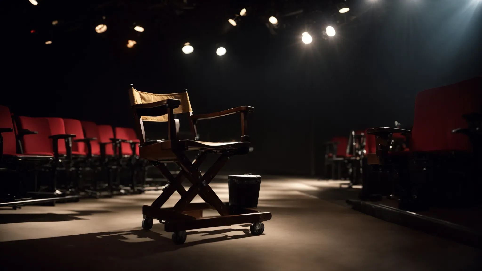 a stage with a single spotlight shining on an unoccupied director's chair amidst cinema equipment.