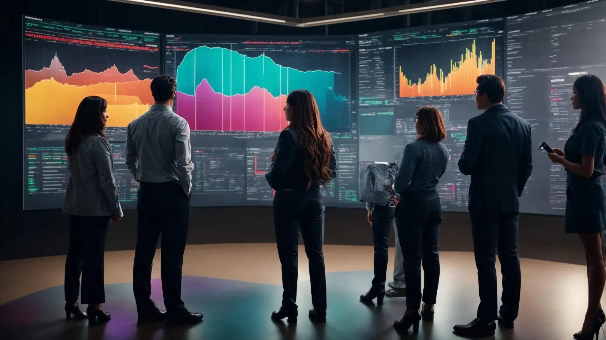 a diverse group of professionals stands around a large digital screen displaying colorful graphs and charts, discussing strategies.