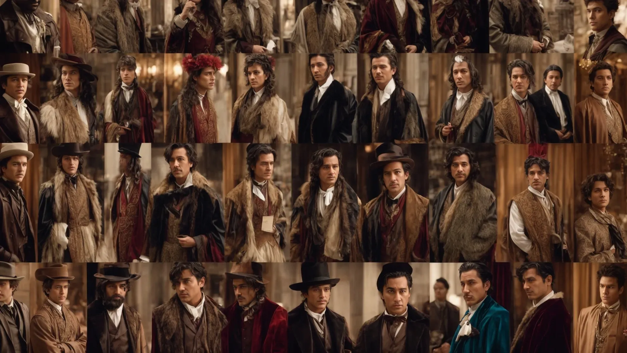 a collage showcasing a single actor in a variety of distinct costumes and settings, highlighting their dramatic transformations across different roles.
