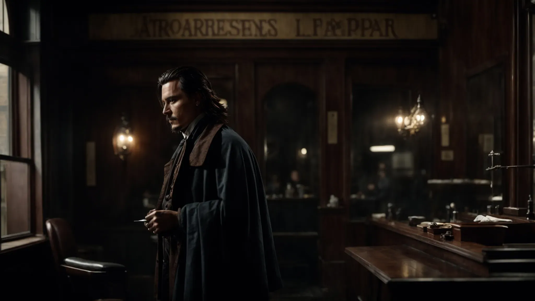 a victorian era barber shop, draped in darkness with johnny depp holding a straight razor.