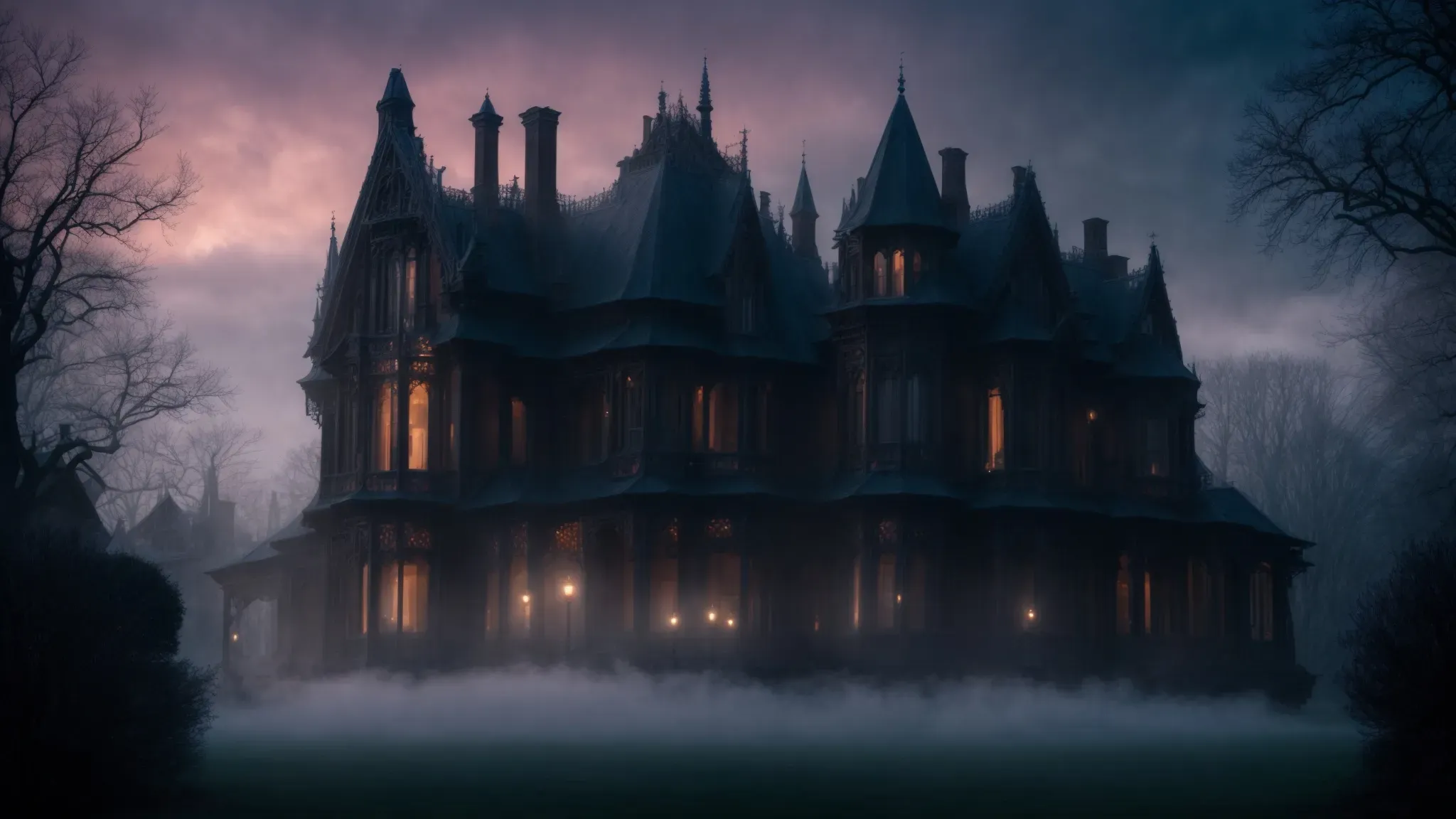 an ethereal, mist-enshrouded gothic mansion looms against a twilight sky, embodying the fantastical essence of guillermo del toro's cinematic worlds.
