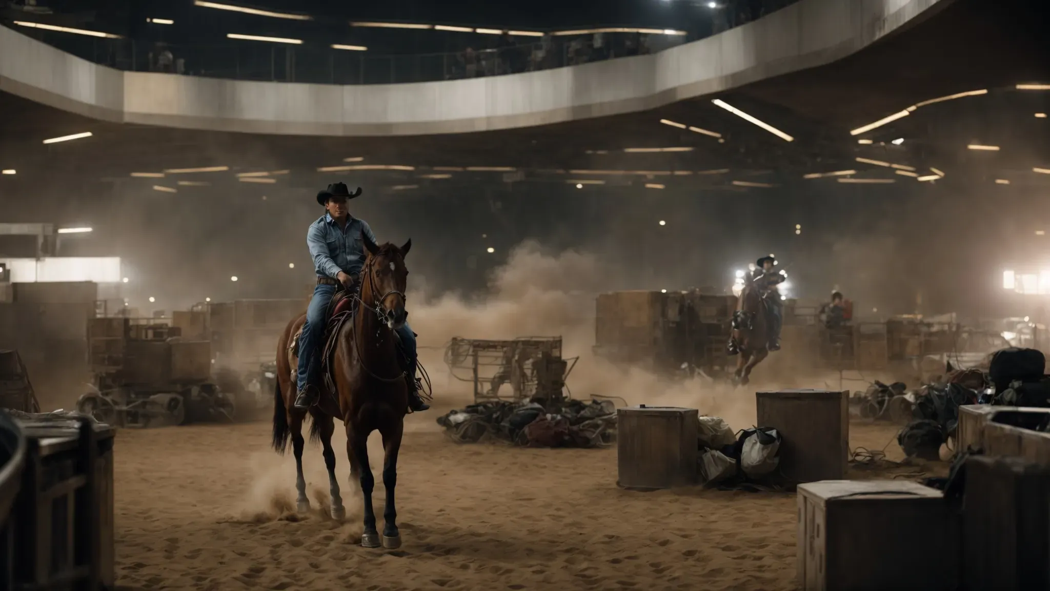 a man rides a bomb like a rodeo cowboy amid a backdrop of control room chaos.