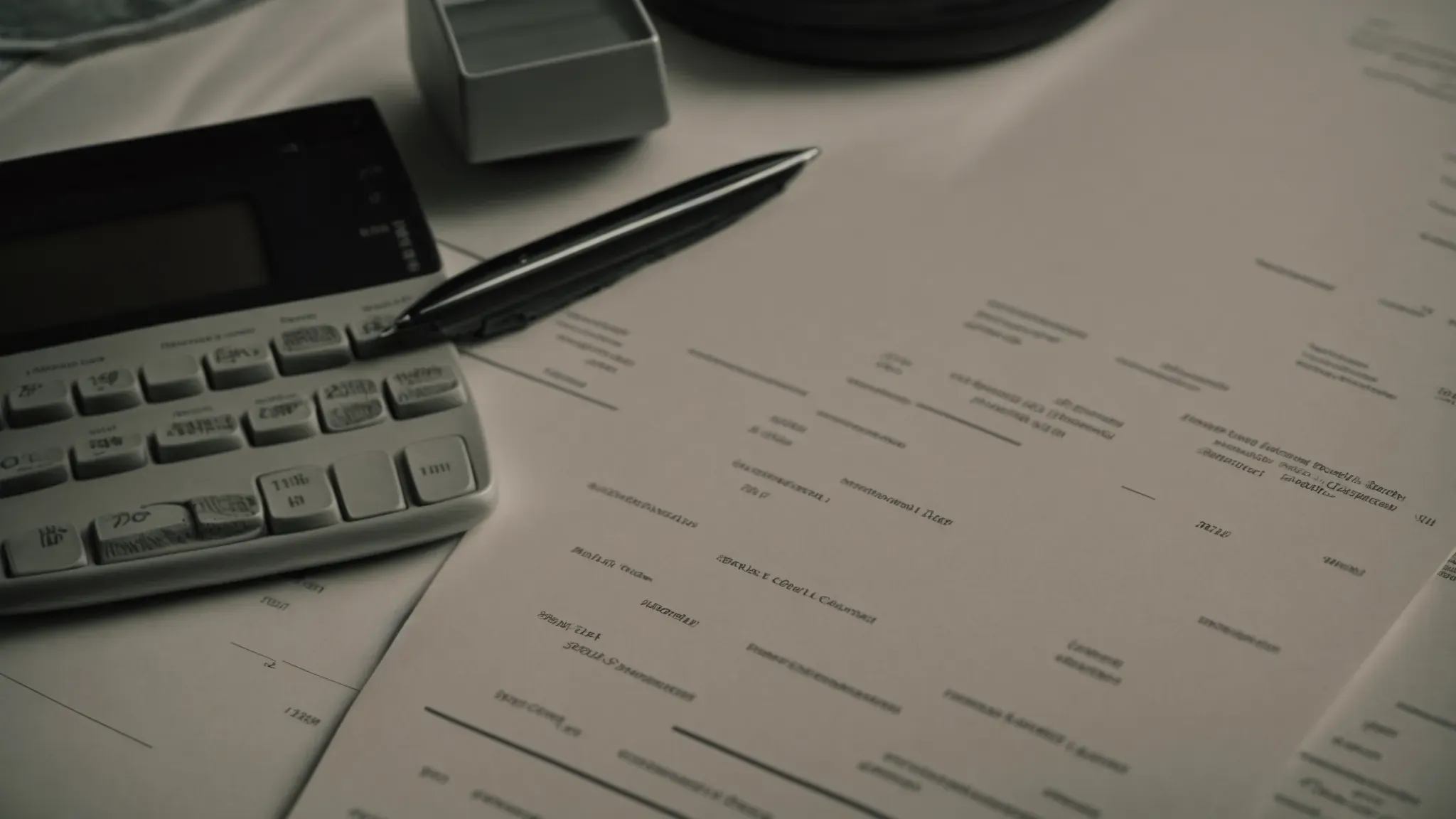 a notebook open on a table with a pen beside it, surrounded by scattered financial documents and a calculator.