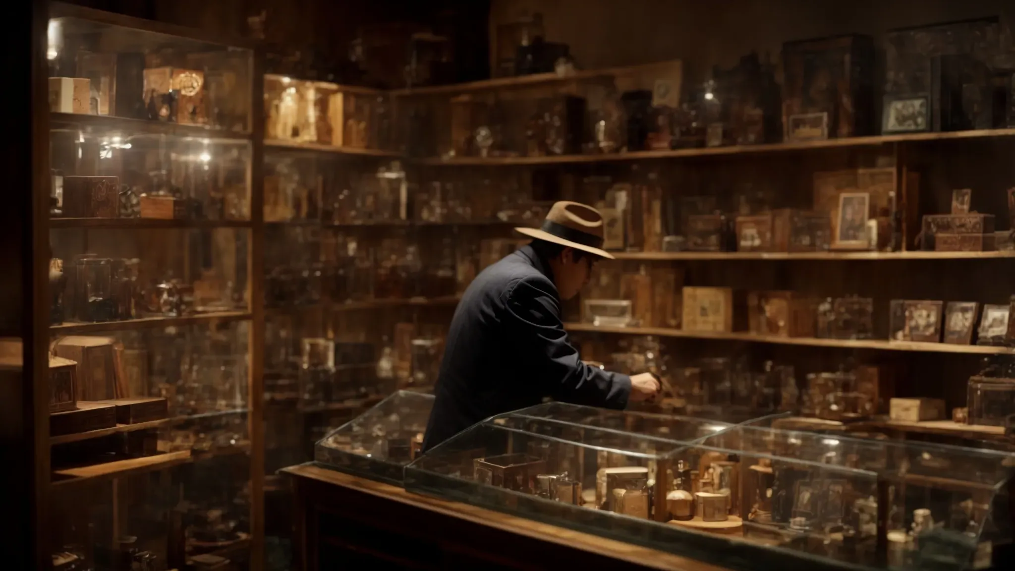 a collector carefully arranges vintage movie props on shelves in a dimly lit room, creating a museum-like exhibit dedicated to film history.