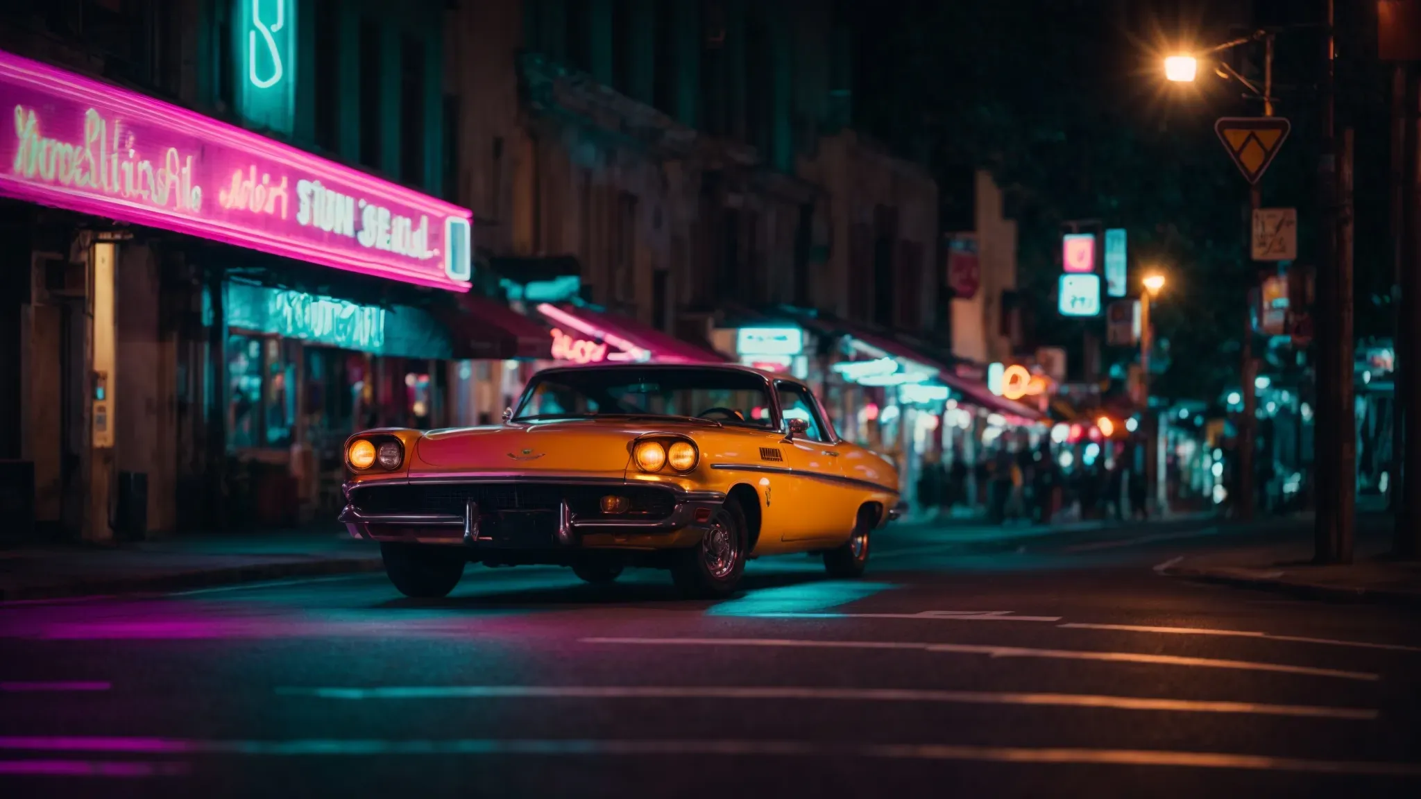 a city street at night illuminated by neon lights, with a vintage car speeding away.