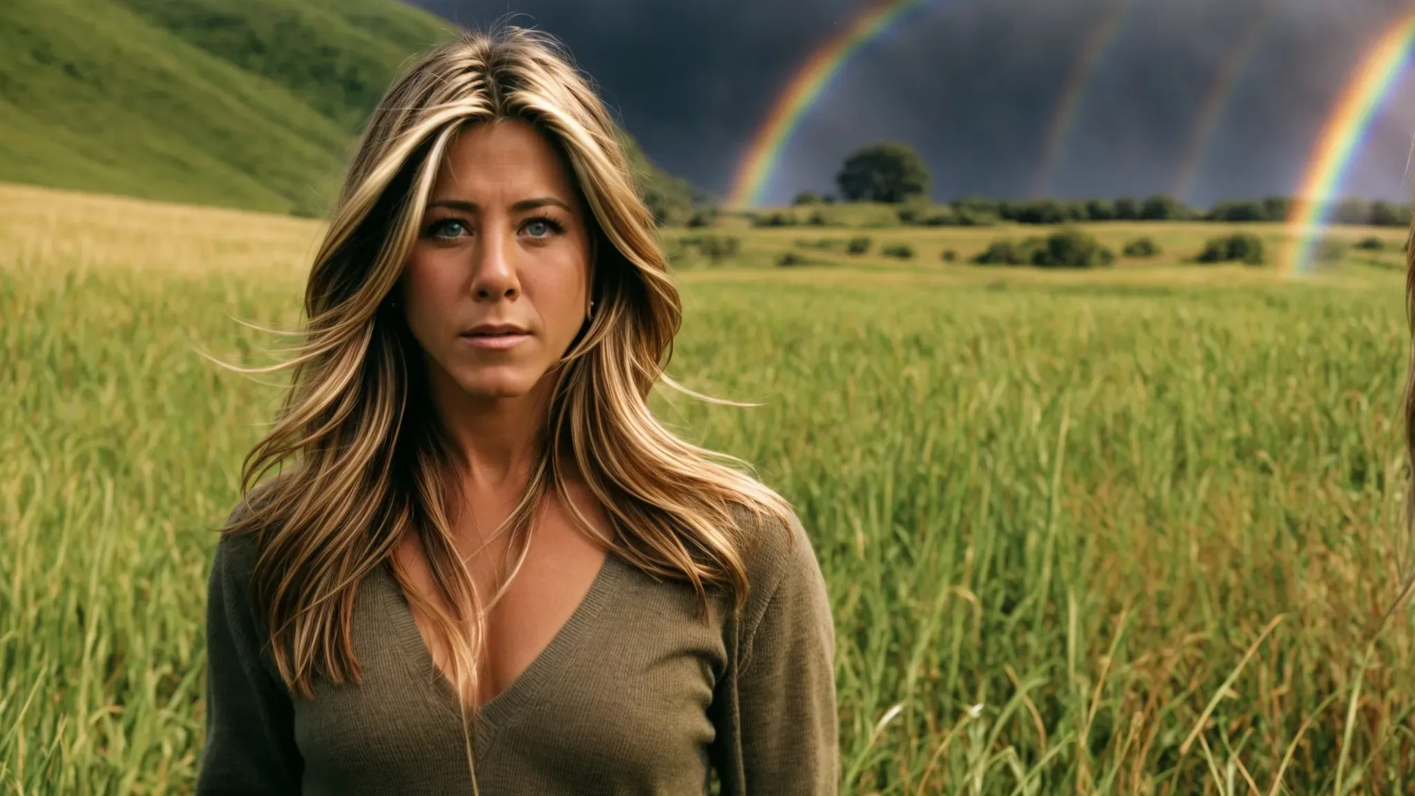 jennifer aniston, with a surprised expression, stands in a sunny field with a rainbow and a shadowy, mischievous leprechaun lurking in the background.