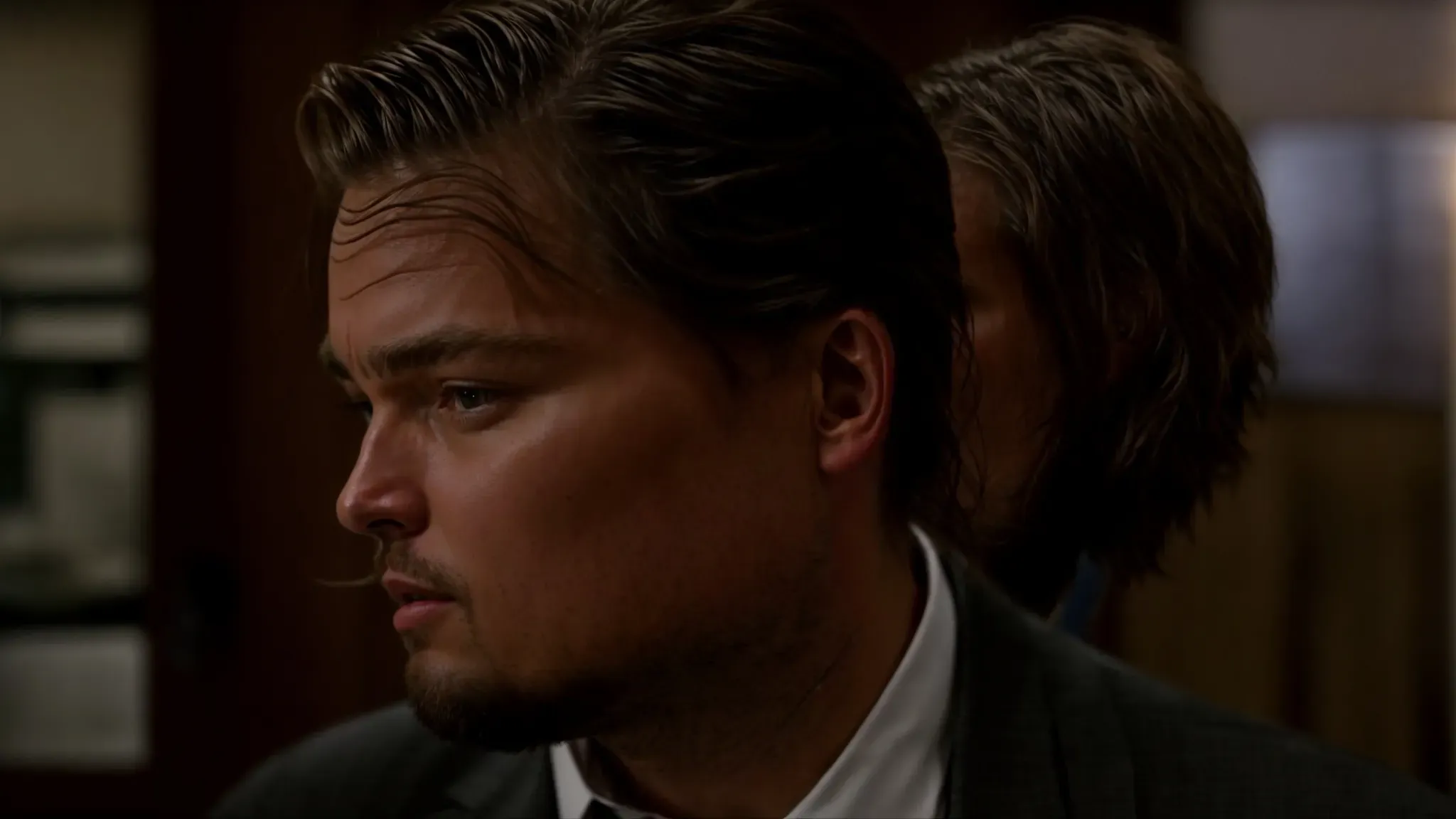 leonardo dicaprio whispers urgently to a colleague amid the dim lighting of an intense, clandestine meeting in 