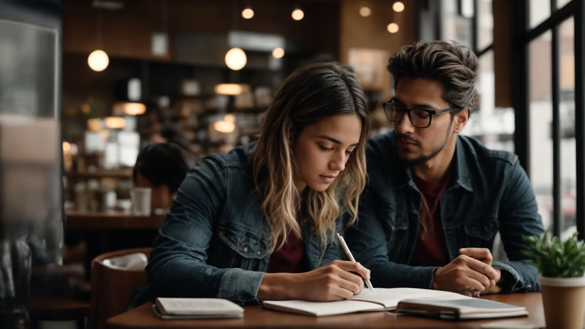two screenwriters engrossed in a brainstorming session at a coffee shop, their notepad filled with fragments of witty and dynamic dialogue.