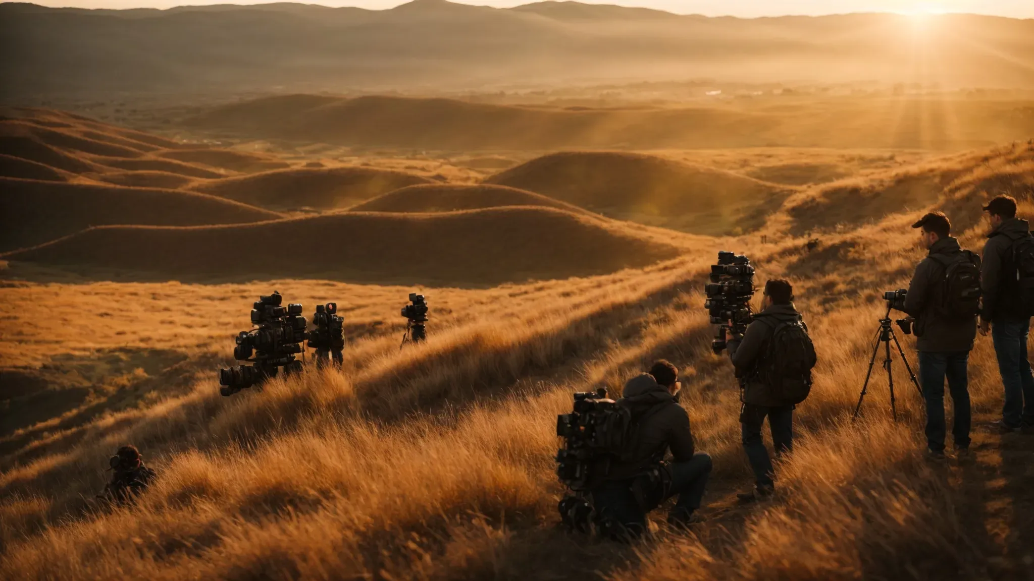 a camera crew captures a sprawling landscape at golden hour, blending natural beauty with cutting-edge technology.