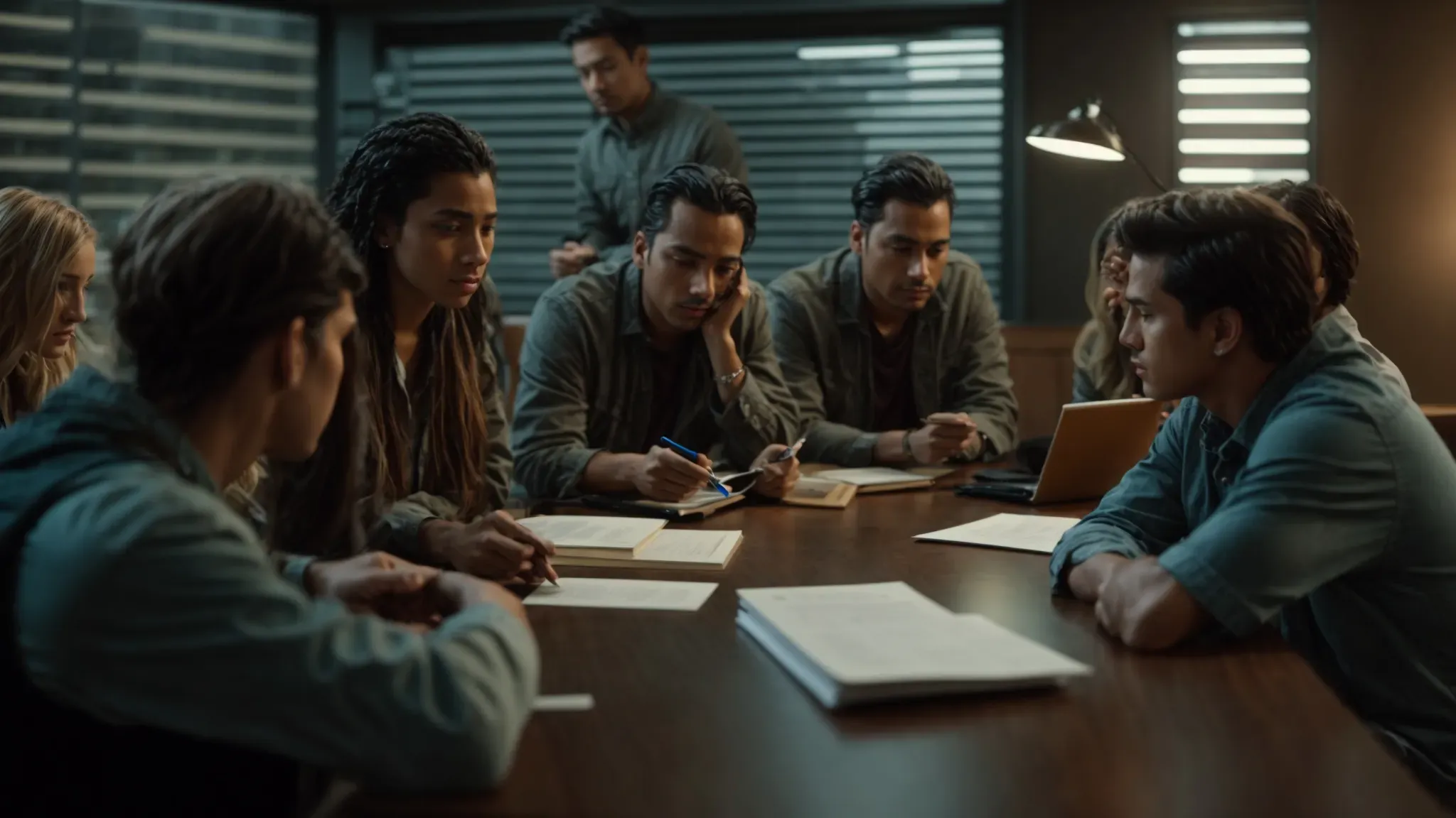a group of people sits around a large table, intently focused on copies of a screenplay spread out before them, engaged in animated discussion.