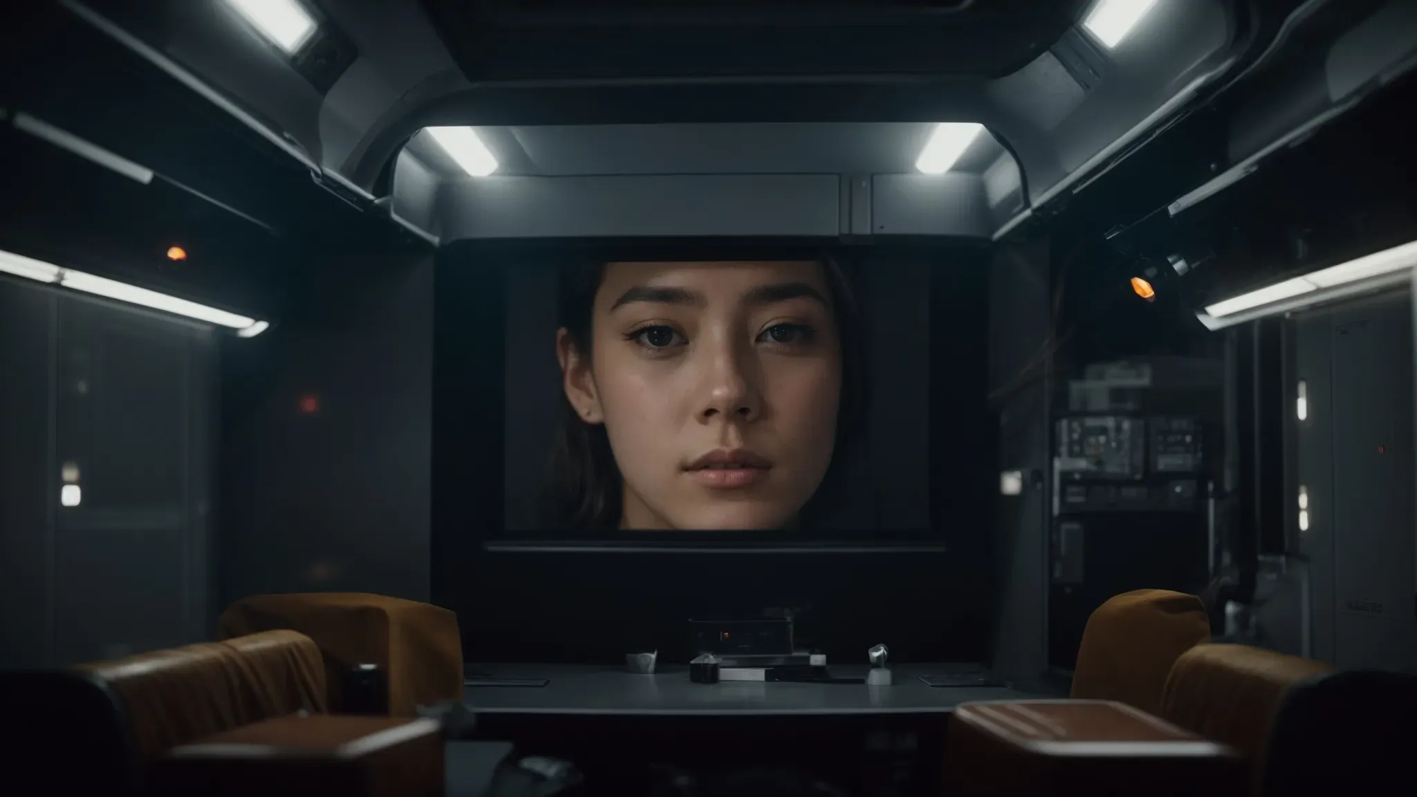 sam bell gazes solemnly at the static-filled screen projecting a video message in the dimly lit cabin of the lunar base.