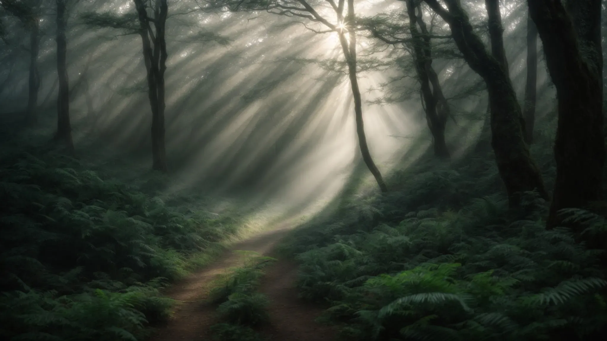 a misty forest at dawn, light filtering through dense foliage, suggesting a mystical journey into nature's heart.