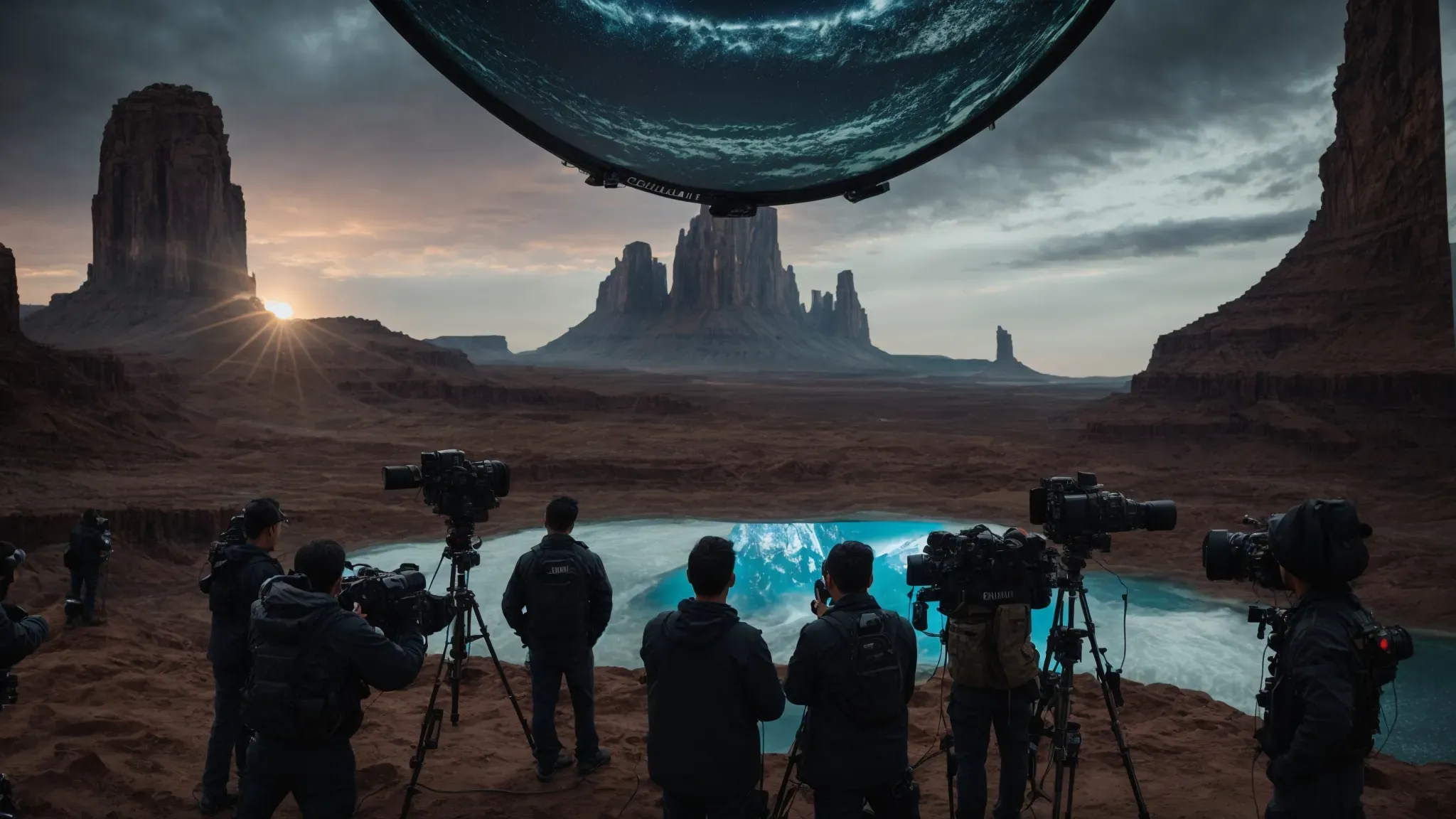 a film crew on set surrounded by towering, curved led screens displaying a vivid, expansive alien landscape.