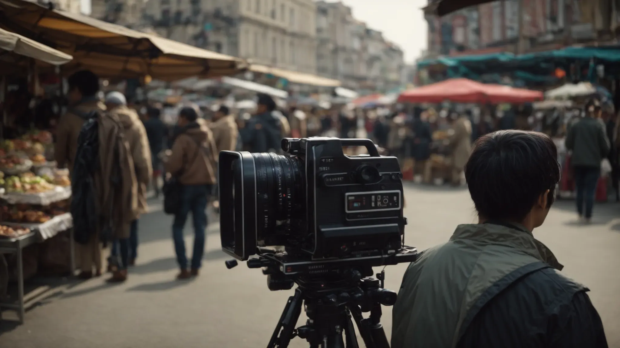 a filmmaker holding a camera, silently observing a bustling street market scene.