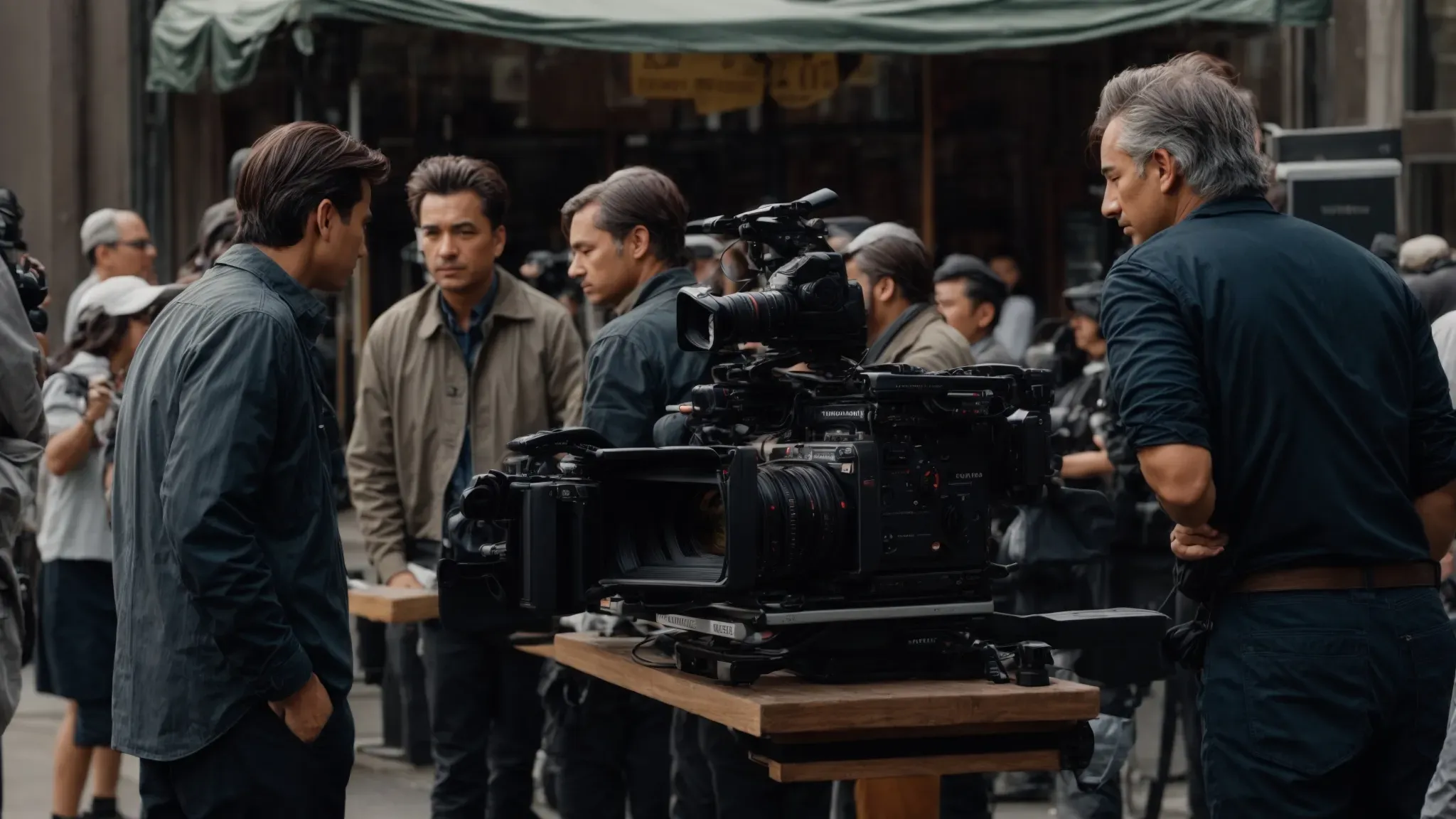 a director coordinates with the film crew on a bustling movie set to ensure efficient use of time for each scene.