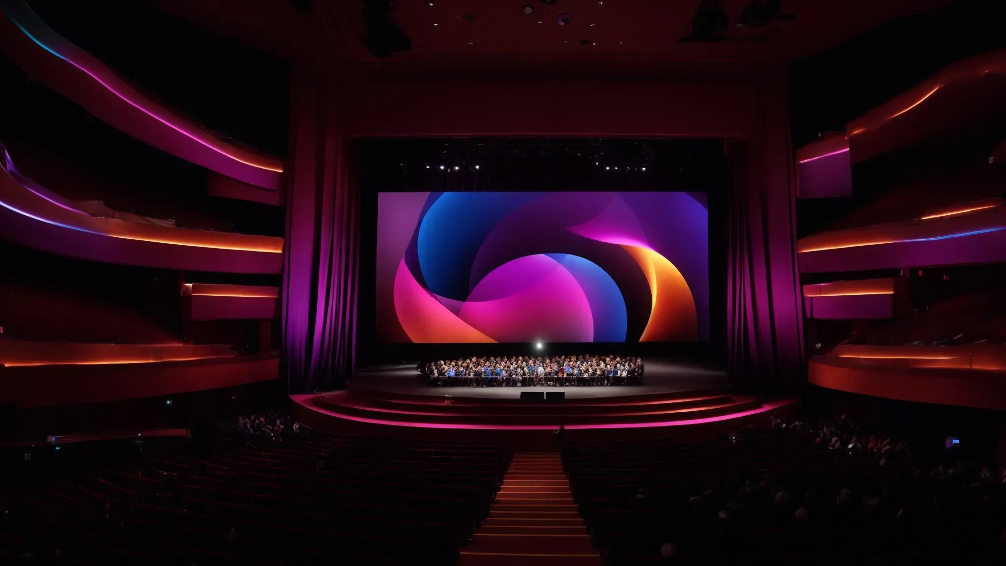 a grand stage with colorful projections on a large screen in a dimly lit auditorium, capturing an audience's rapt attention.