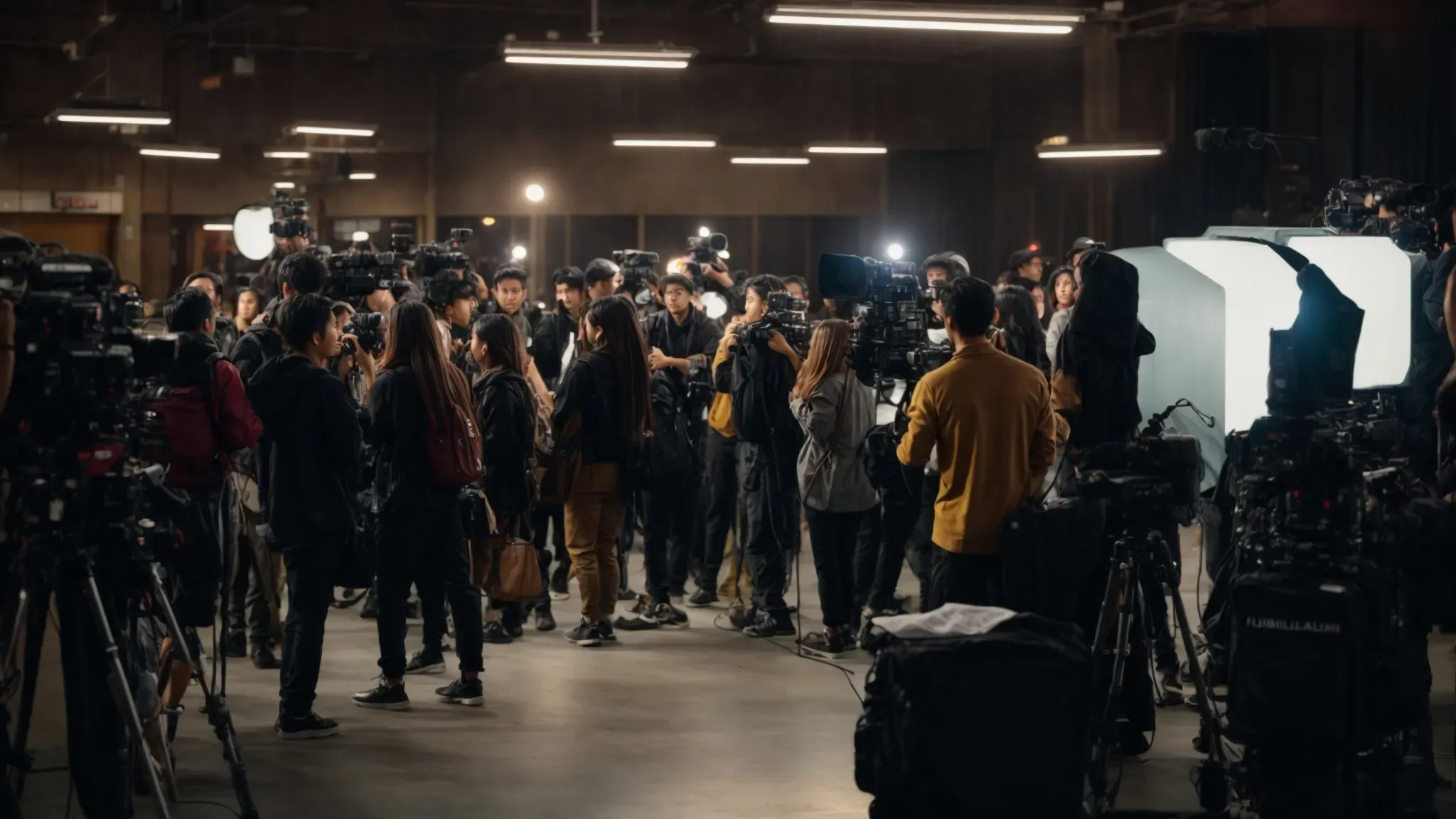 a bustling film set in los angeles with students shadowing professionals amidst cameras and lights.