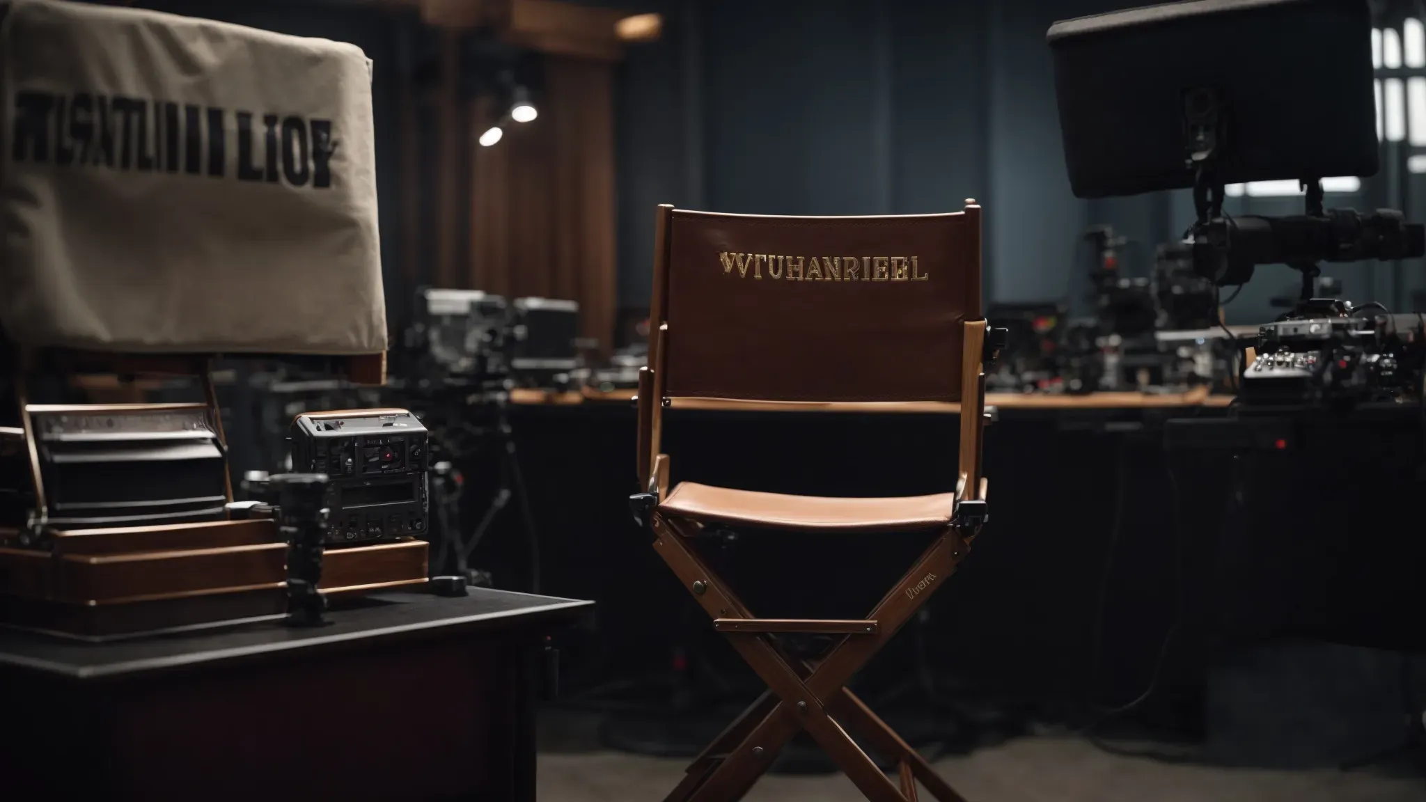a director's chair sits empty behind the monitors on a bustling film set, awaiting the strategic vision of its executive leader.