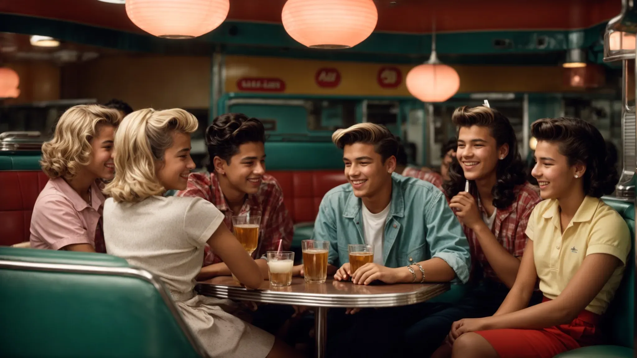 a group of teenagers sitting together, chatting and laughing in a vintage 1950s diner illuminated by a jukebox.