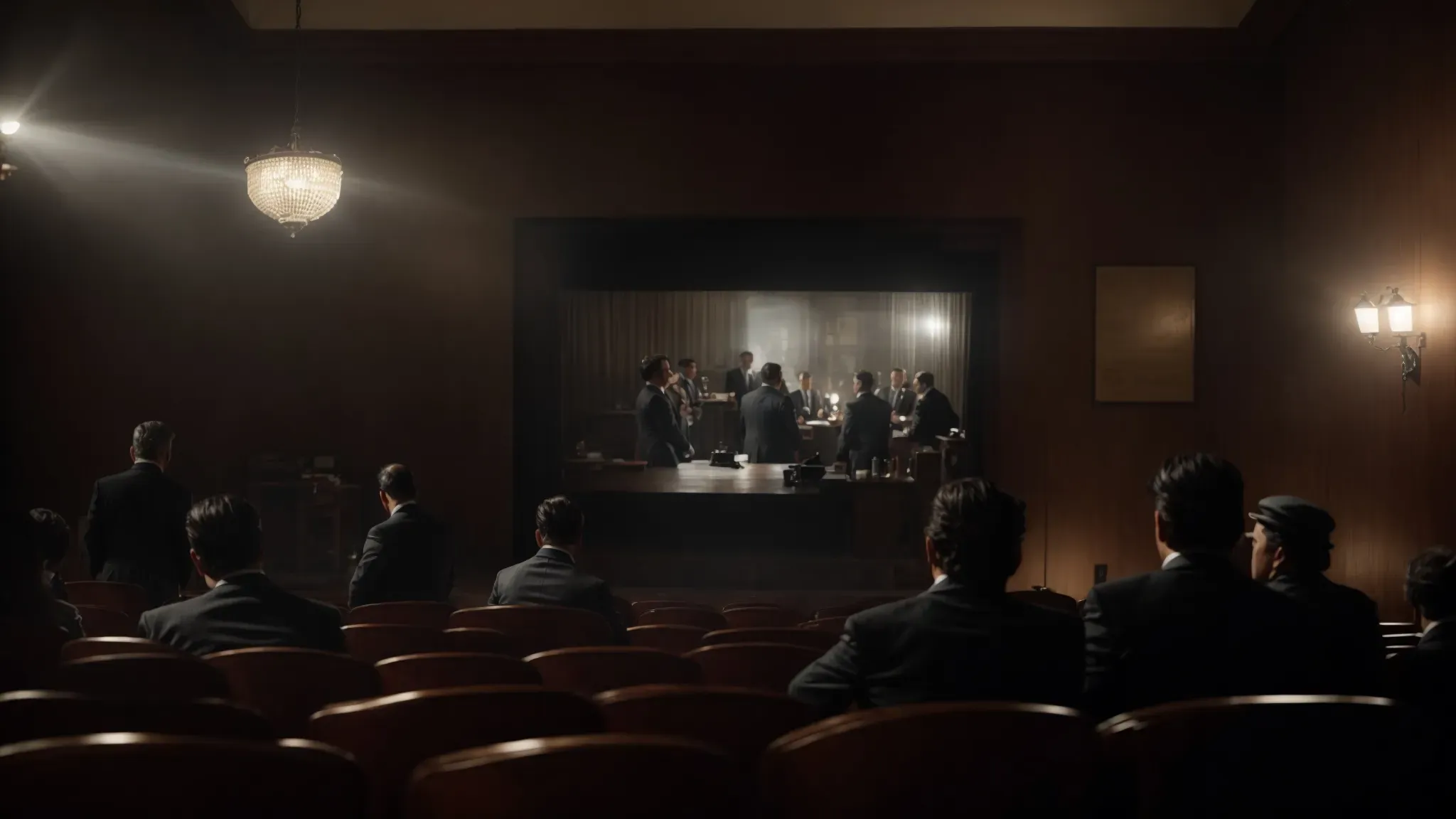 a dimly lit room with a projector casting scenes from 