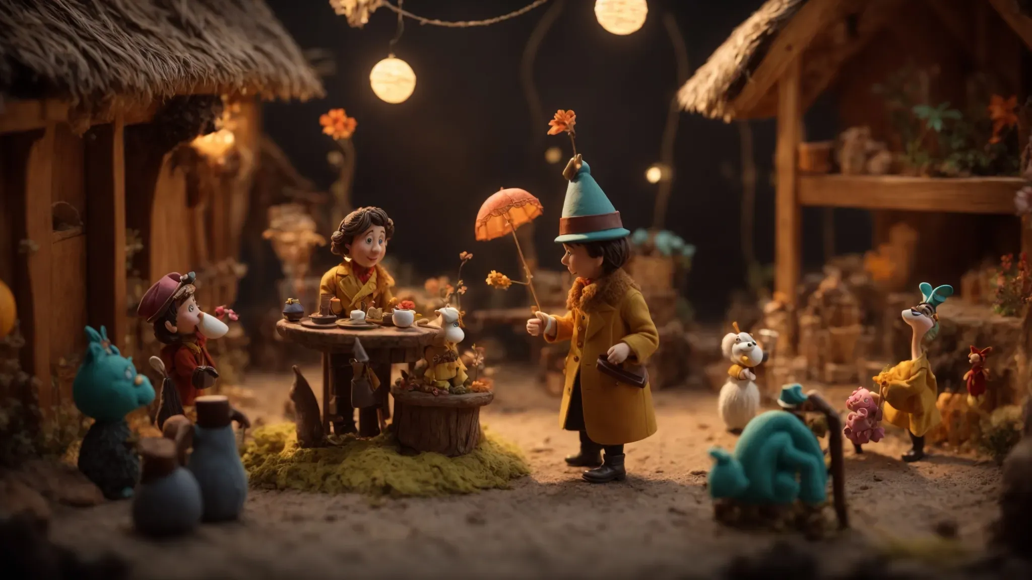 a whimsical claymation scene with intricate sets and expressive characters in mid-motion, highlighting the magic of stop-motion animation.